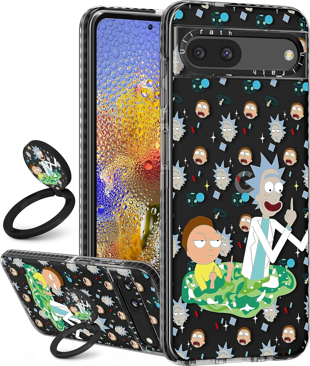 Ulirath (2In 1 for Pixel 6A Case Cute Cartoon Character Design for Girls Kids Boys Teens Women Girly Cover Kawaii Cool TPU Cases with Ring Holder for Google Pixel 6A 6.1",Blue Kiss  Ulirath Black Moty  