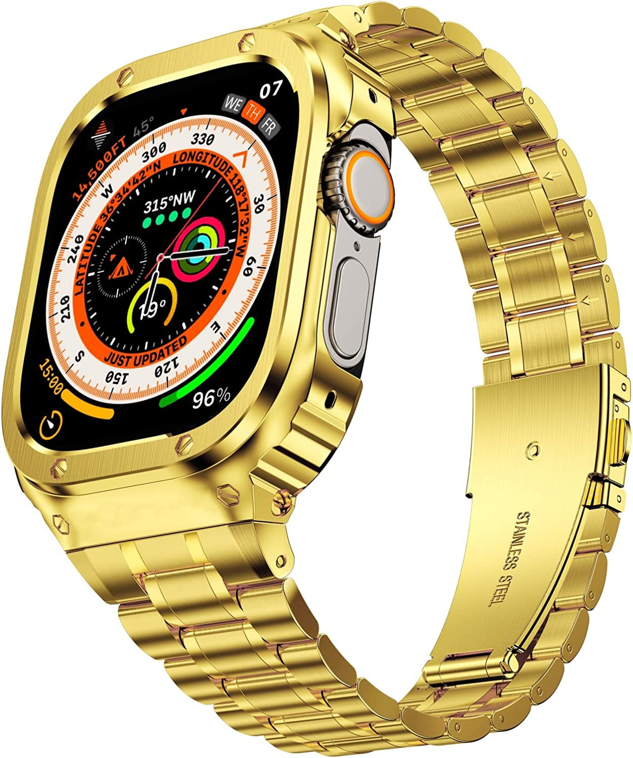 Miohhr Stainless Steel Watch Band with Case Compatible with Apple Watch Ultra (49Mm),Rugged Strap with Metal Protective Bumper Cover for Iwatch Band Men (Silver)  MioHHR Gold-49 49mm(Ultra） 