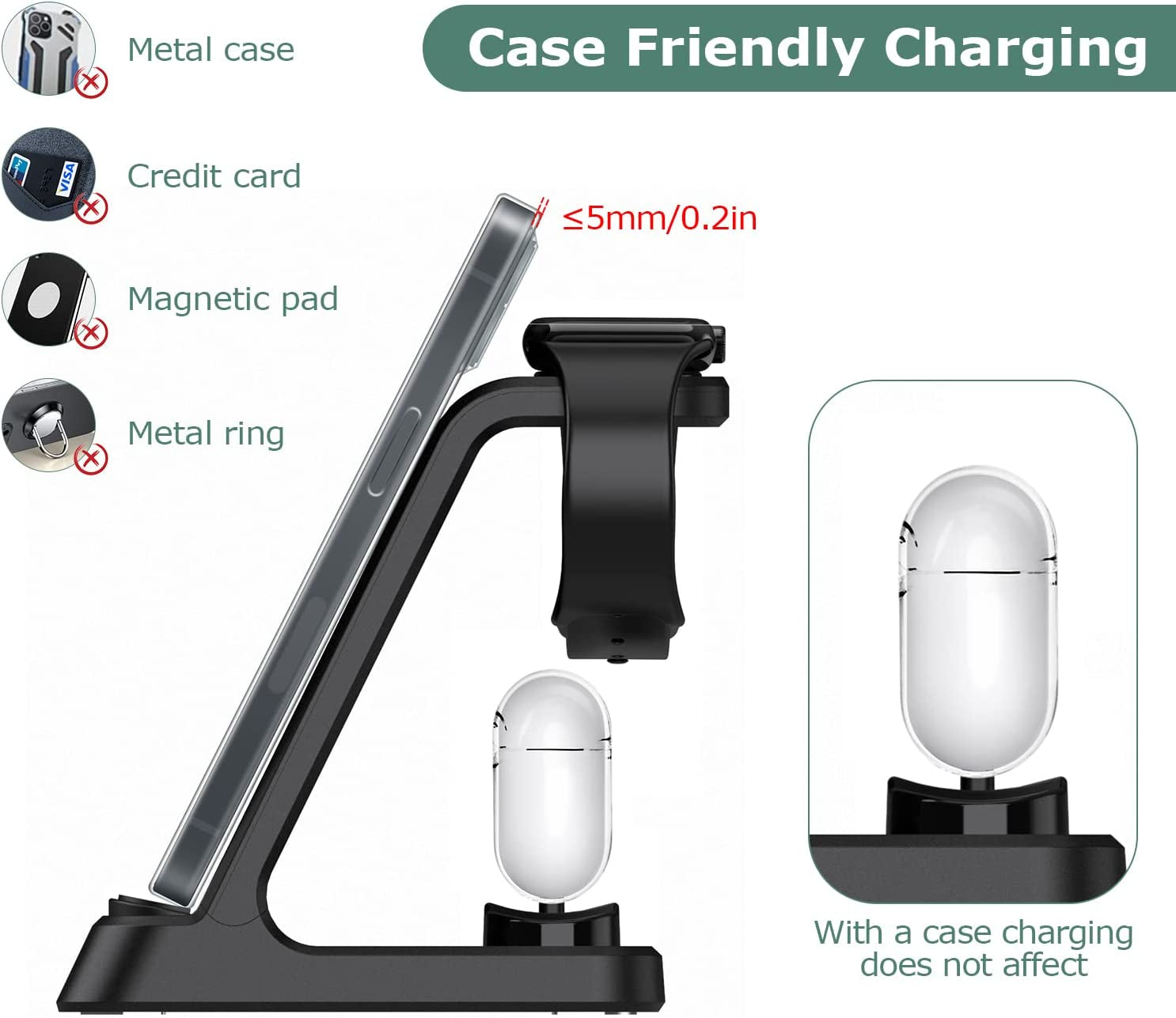 DDUAN Wireless Charging Station, 3 in 1 Fast Charger Stand, Wireless Charger for Iphone14/13/12/11/Pro/Max/X/Xs/Max/Xr/8 & Apple Watch 8/7/Se2/Airpods1 2/Pro1 2(QC3.0 Adapter)  DDUAN   