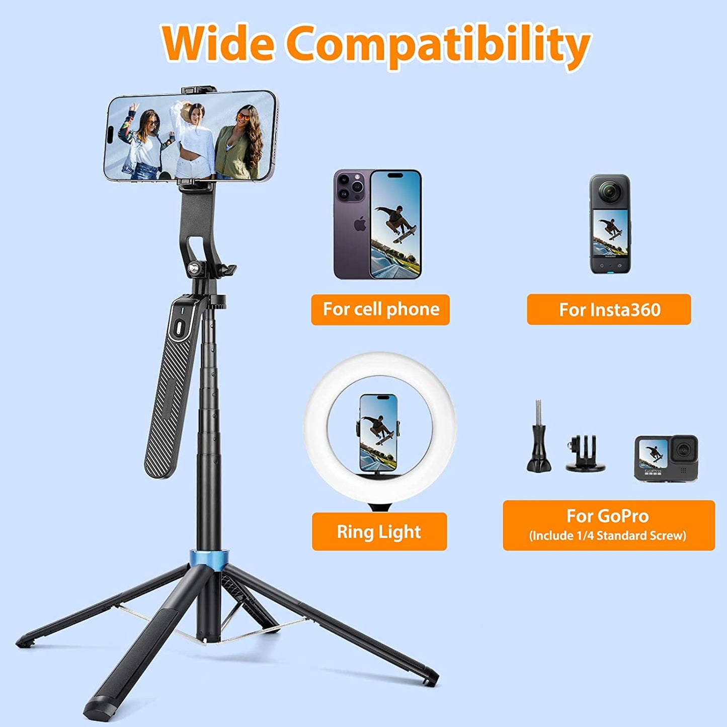 Eocean 71" Tall Selfie Stick Tripod Quadripod with Remote & Video Balance Handle, Aluminum Alloy Extendable Cell Phone Tripod Stand, Travel Tripod Phone Holder Compatible with Iphone/Android/Gopro  EOCEAN   