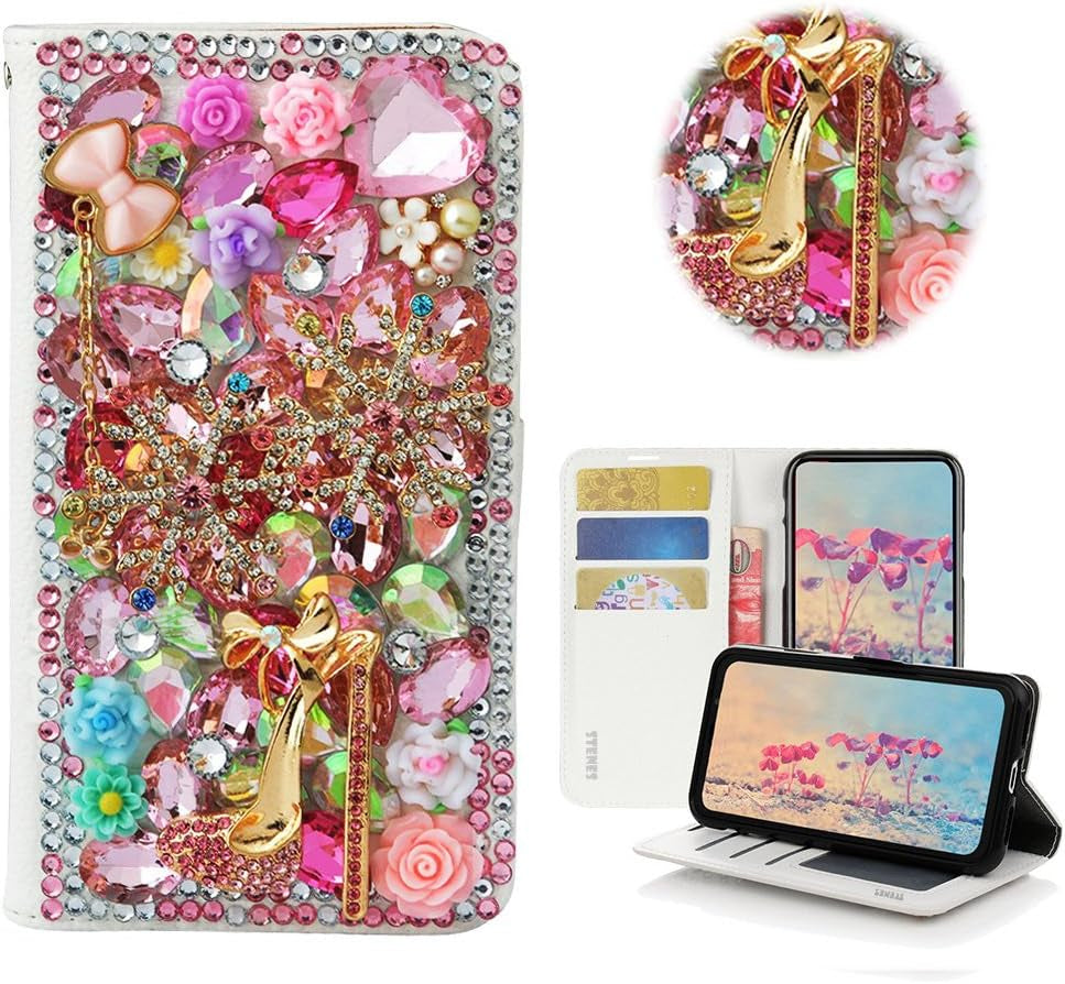 STENES LG G6 Case, LG G6 plus Case - STYLISH - 3D Handmade Crystal Heart Pendant Butterfly Flowers Wallet Credit Card Slots Fold Stand Leather Cover Case for LG G6/LG G6 plus - Pink  STENES Snow Girls High Heel Rose Flowers / Pink  