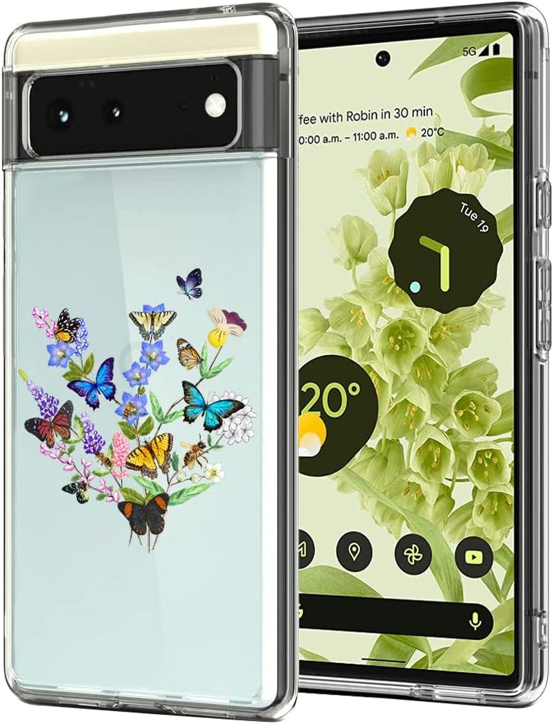 Unov Case Compatible with Pixel 6 Case Clear with Design Soft TPU Shock Absorption Slim Embossed Pattern Protective Back Cover 6.4 Inch (Flower Garden)  Unov Flower Butterfly  
