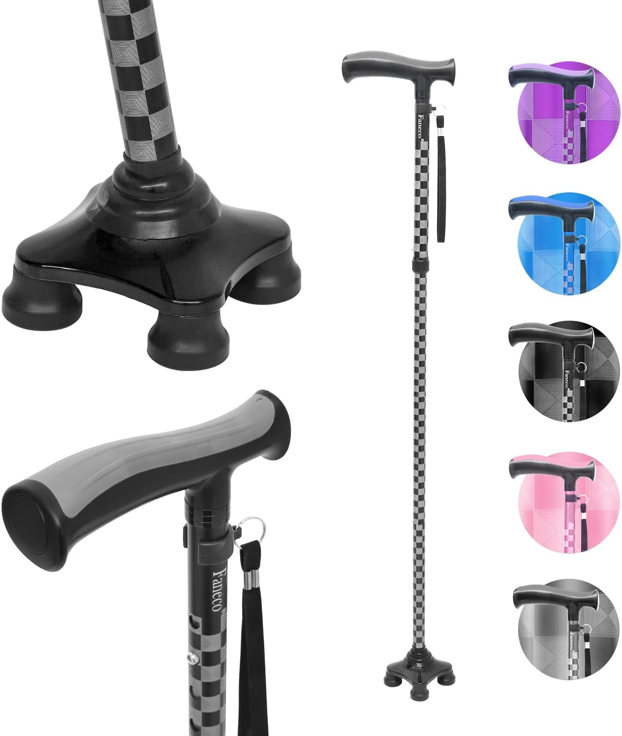 FANECO Walking Cane for Elderly, Folding Walking Stick for Seniors, Pivoting Quad Base, Lightweight Adjustable Walking Stick for Men/Women  NINGBOSHI GUOSHENG XINXI KEJI YOUXIANGONGSI   