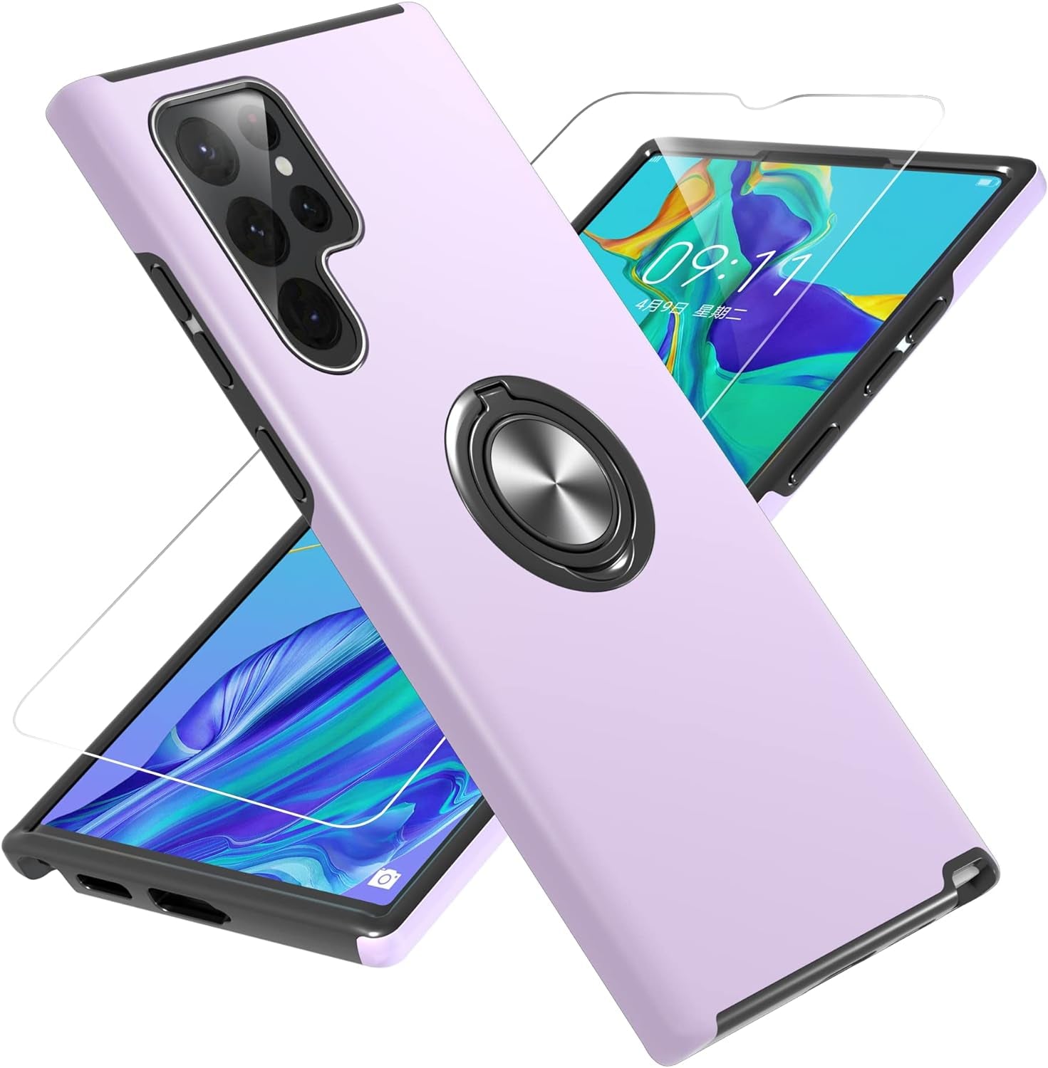 Gritup Samsung Galaxy S22 Ultra Case, Galaxy S22 Ultra Case with HD Screen Protector, [Military Grade] Shockproof Protection Case with 360° Magnetic Ring Holder Kickstand for Samsung S22 Ultra, Blue  Gritup Purple  