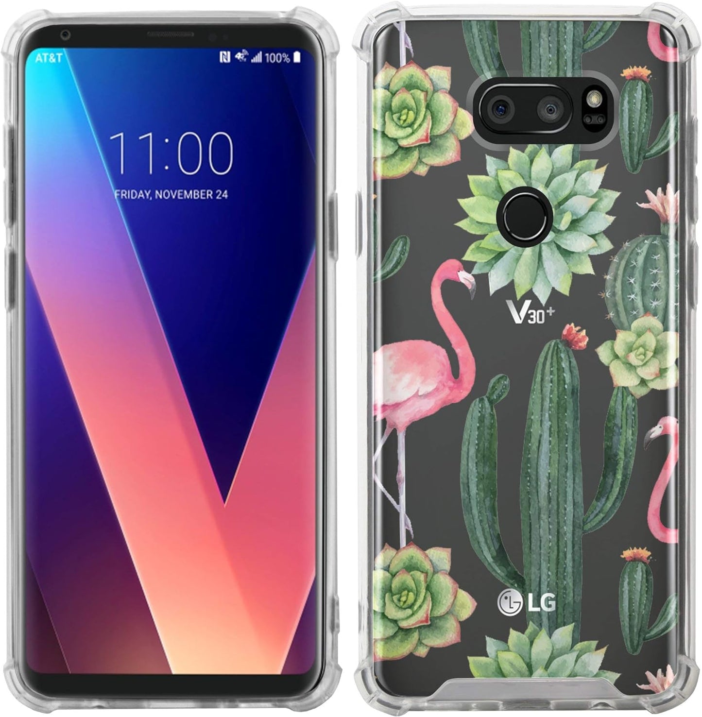 Casesondeck Crystal Case Compatible with [LG V30S Thinq and LG V30] Thin Slim Anti-Slip Grip Case with Bumper Edges Hard Back (Flamingo Cactus)  CasesonDeck   