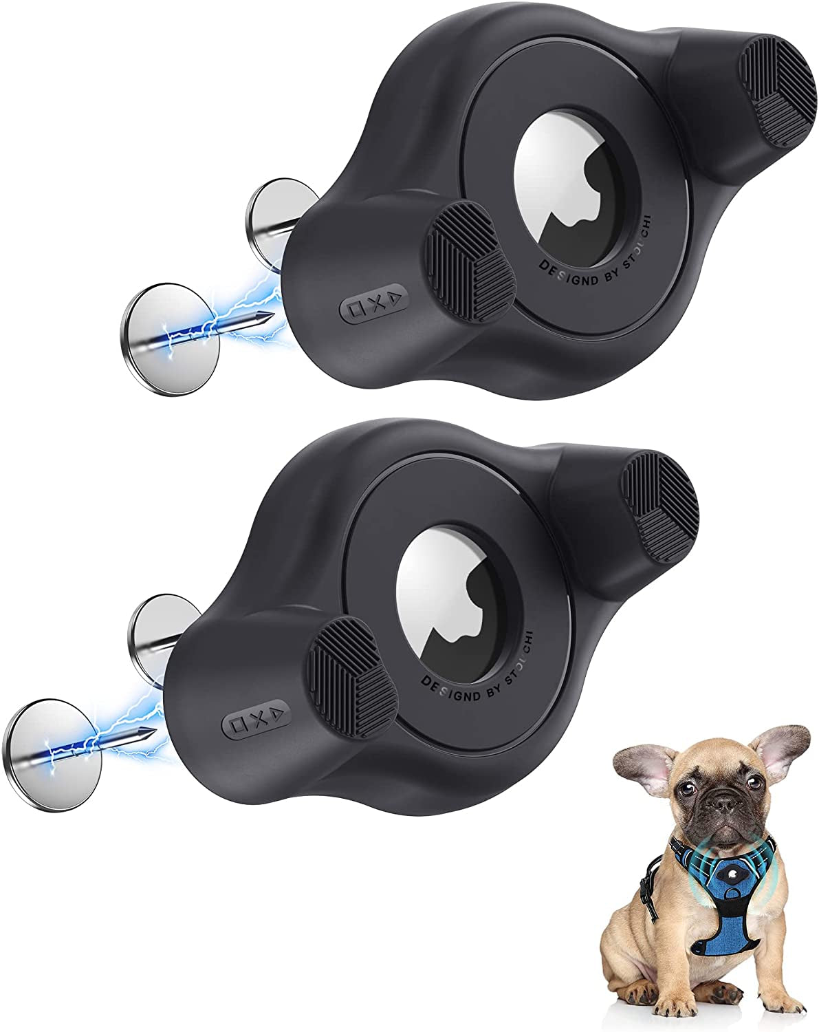 Airtag Holder Fit All Dog Collars Harness , Stouchi Innovative Style Protective Airtag Case with Pins Fixing Buckle for Iphone, Airtag Pet, Dog and Cat Airtag Mount  COSCOD Black- 2 Packs  