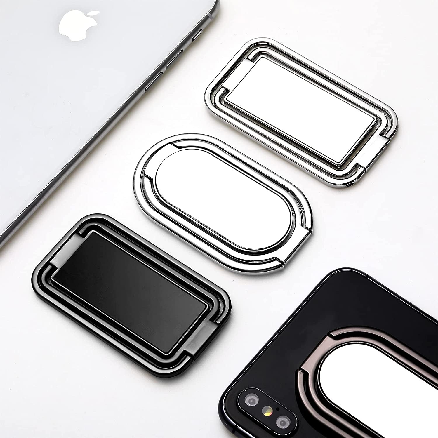 4 Pieces Phone Ring Holder Finger Kickstand 360° Rotation 180° Flip Foldable Retractable Magnetic Cellphone Back Grip for Car Phone Compatible with Most Smartphones Tablets (Silver, Iron Black)  Frienda   