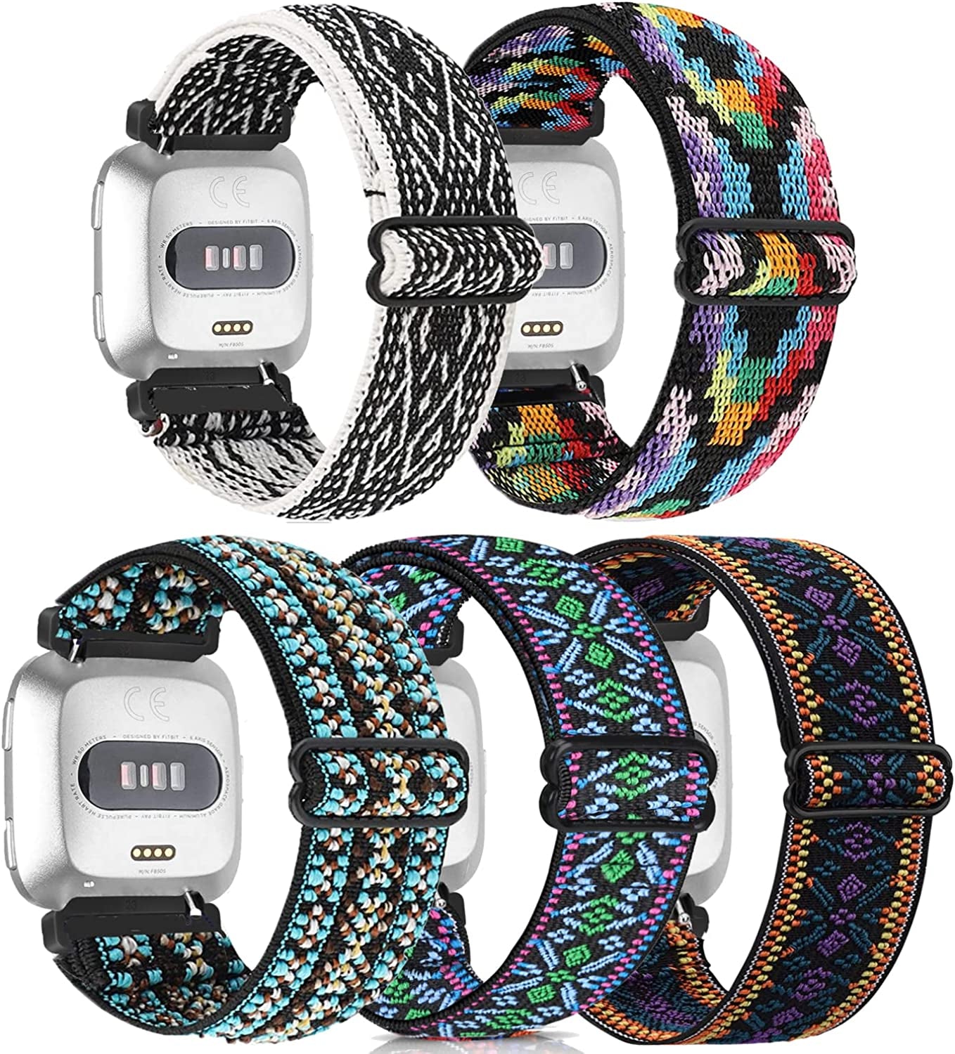 5 Pack Elastic Nylon Bands Compatible with Fitbit Versa/Versa 2 / Versa Lite/Versa SE for Women Men, Adjustable Breathable Fabric Sport Elastic Wristband for Fitbit Versa Smart Watch  GLMDKAI Combination 4  