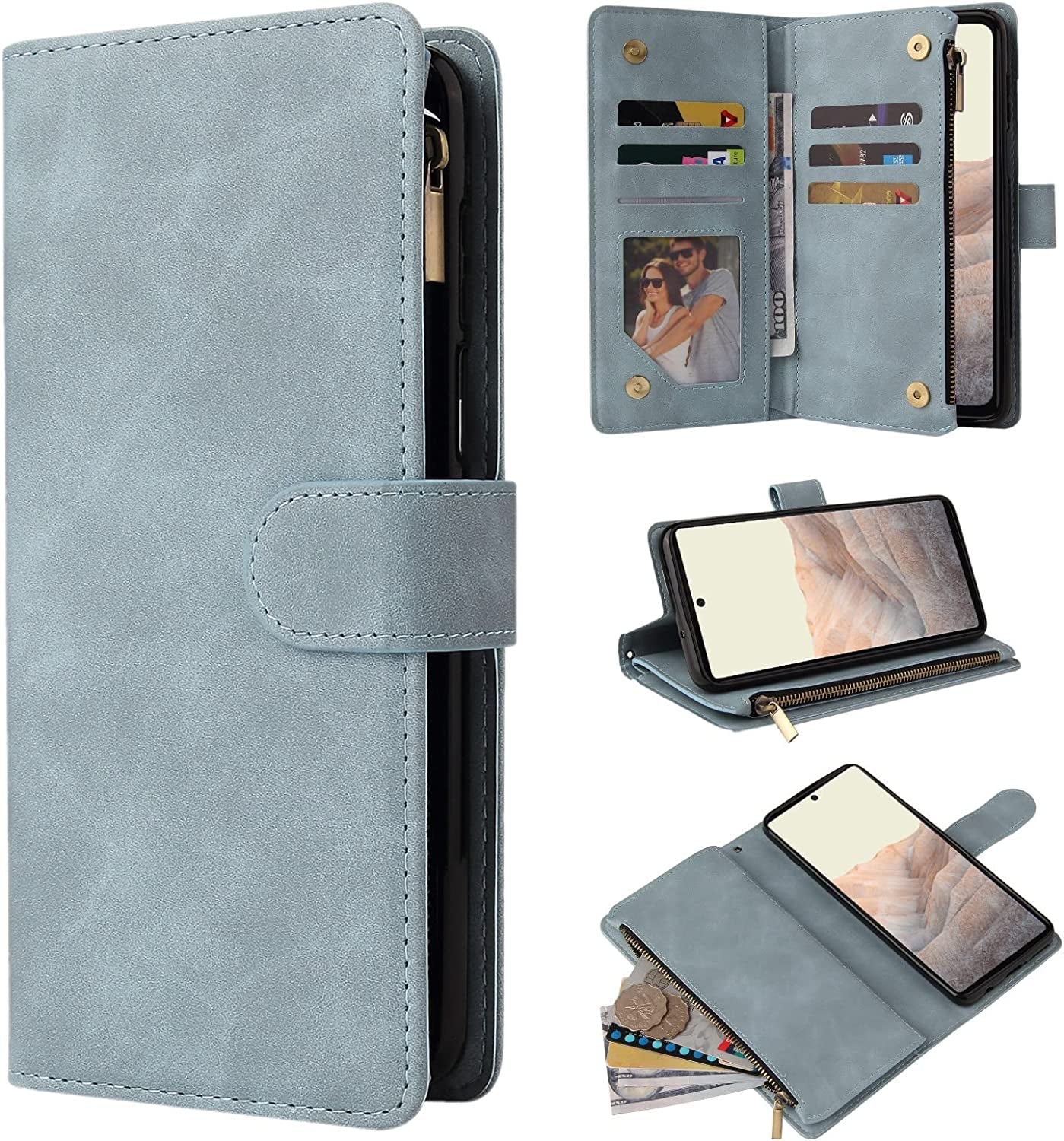 ZZXX Google Pixel 6 Pro Case Wallet with Card Slot Premium Soft PU Leather Zipper Flip Folio Wallet with Wrist Strap Kickstand Protective for Google Pixel 6 Pro Wallet Case(Blue 6.7 Inch)  ZZXX Light Blue Google Pixel 6 Pro 