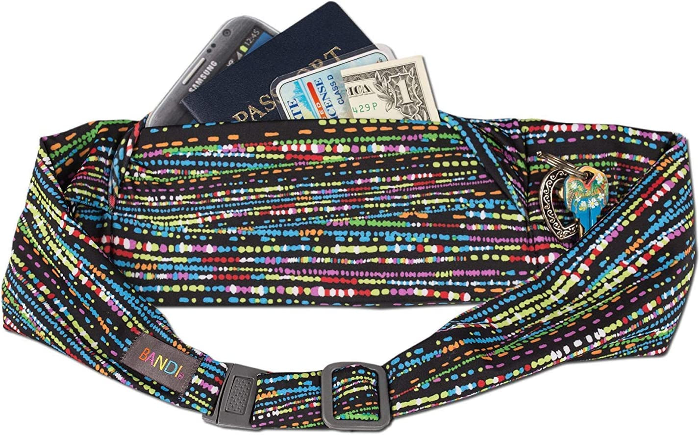 BANDI Large Travel and Running Belt, Securely Carry Keys, Phone, Medicine, Money or Food While You Exercise or Travel within Its Sleek 3 Pocket Design, Size 7.5 Inch by 3.5 Inch Black Solid One Size  BANDI WEAR LLC Confetti  