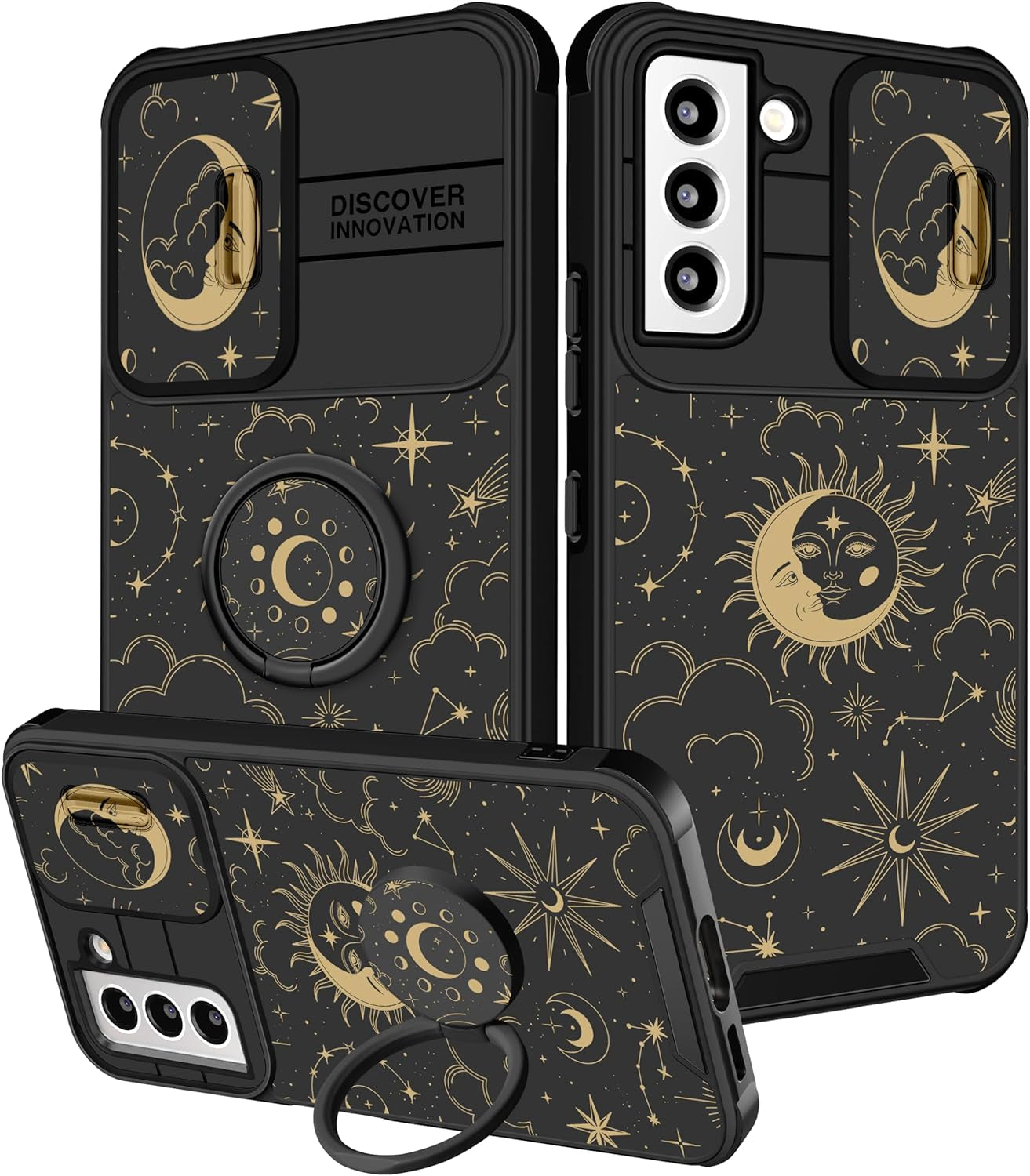 Funermei (2In1 for Samsung Galaxy S22 Case for Girls Women Cute Butterfly Cover Girly Aesthetic Black Pretty Fashion Design with Camera Cover and Ring Stand Funda for Galaxy S22 Phone Cases  Funermei 4-For Sun Moon Sign  