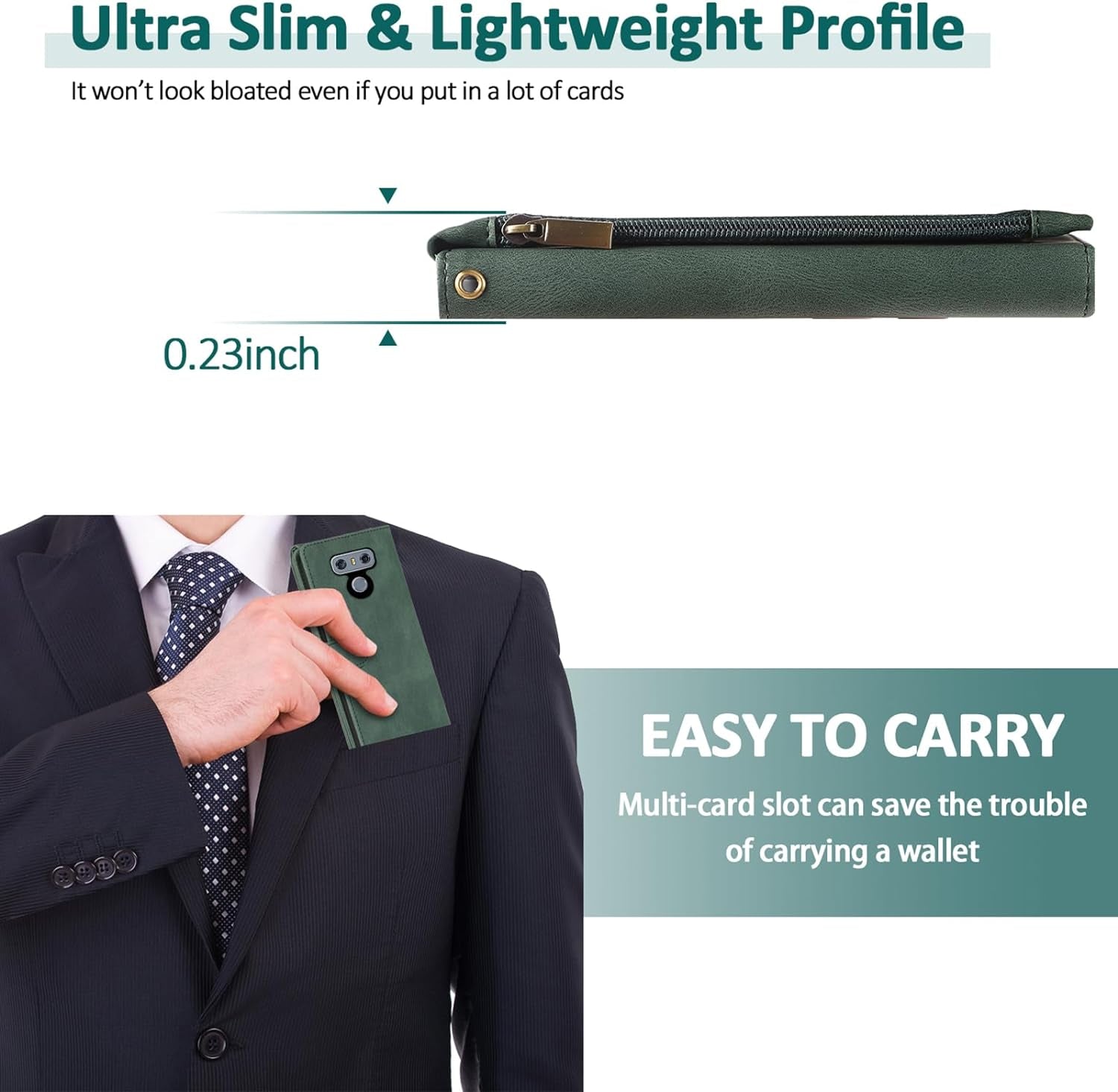 Compatible with LG G6 Wallet Case Tempered Glass Screen Protector and Zipper Leather Flip Cover Card Holder Stand Cell Accessories for LGG6 Thinq LG6 Thin Q G 6 plus G6+ 6G VS988 H872 Women Men Green  Asuwish   