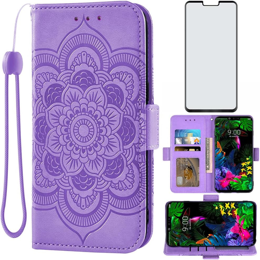 Asuwish Compatible with LG G8 Thinq Wallet Case and Tempered Glass Screen Protector Leather Flip Cover Card Holder Stand Cell Phone Cases for LGG8 Thin Q G 8 LG8 G8Thinq Lgg8Thinq 8G Women Men Blue  Asuwish Purple  