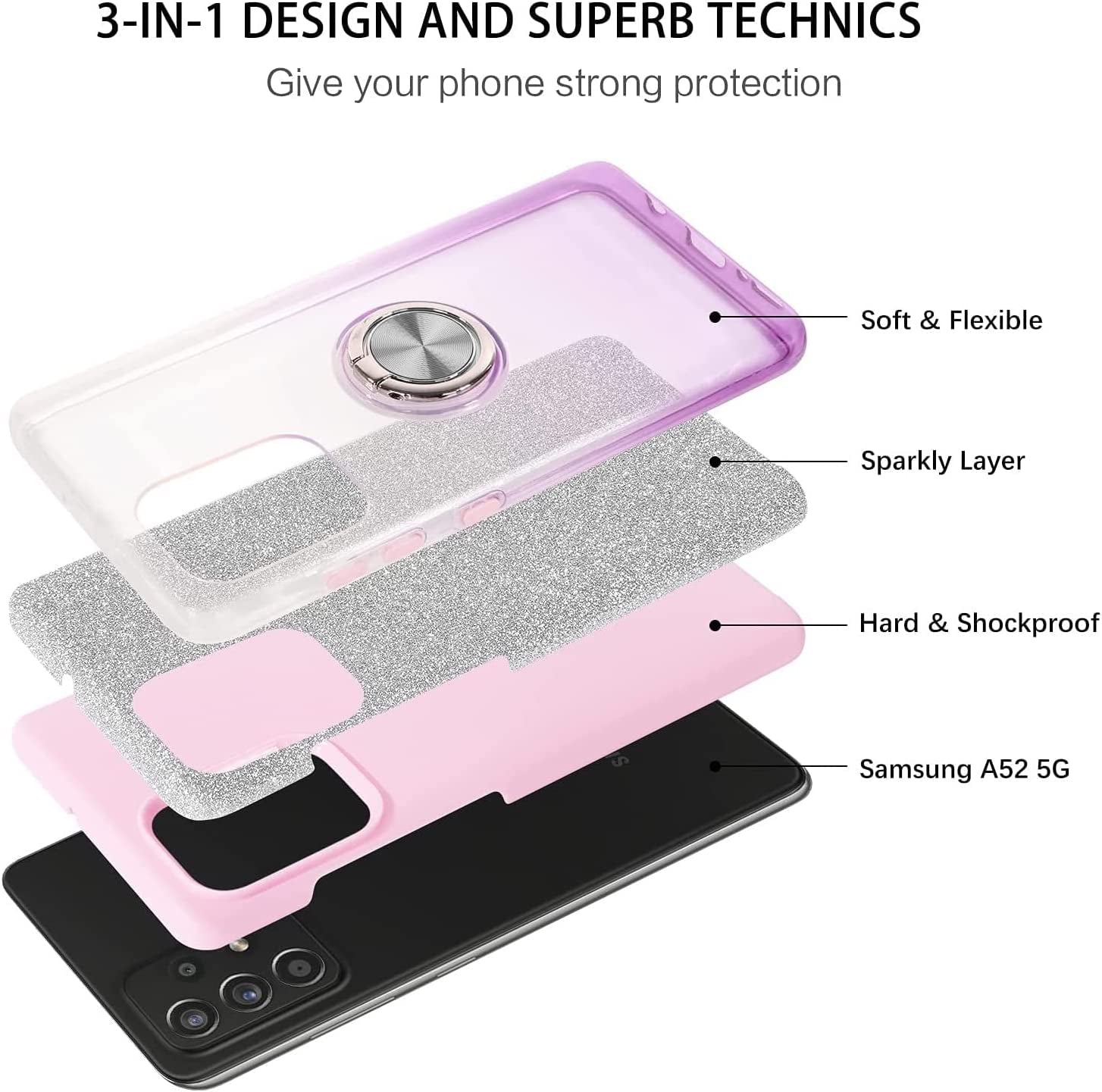 TJS Compatible with Samsung Galaxy A53 5G Case, with Tempered Glass Screen Protector, Metal Ring Magnetic Support Kickstand Tone Shinny Glitter Girls Women Protector Phone Case (Purple)  TJS   