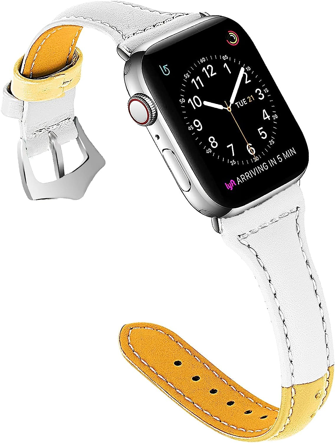 Slim Leather Band Compatible with Apple Watch 42Mm 44Mm for Women, Genuine Leather Thin Wristband Replacement Strap for Iwatch Series SE /6 /5 /4 /3 /2 /1 / Sport Edition (Brown, 42/44Mm)  UOOFROM White-Yellow 42/44mm 