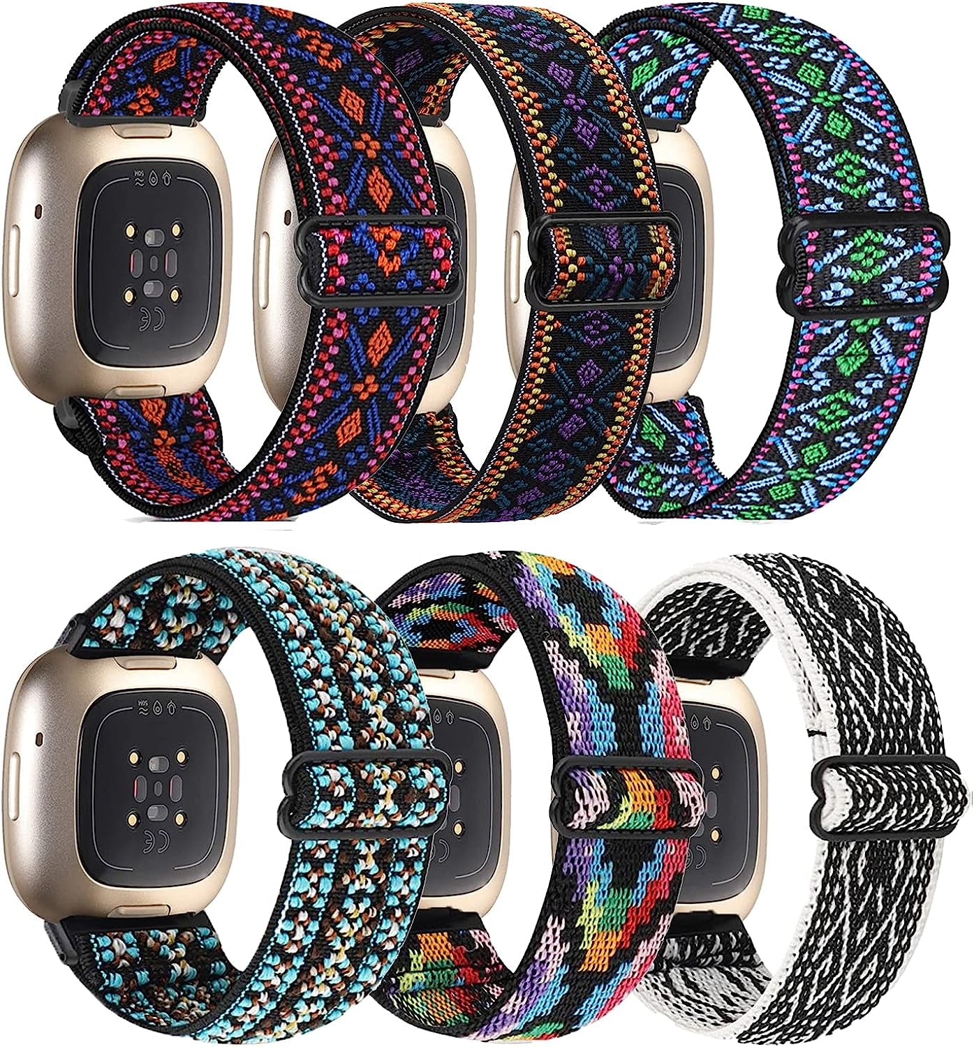 6 Packs Elastic Nylon Bands Compatible with Fitbit Versa 4 / Fitbit Sense 2 / Fitbit Versa 3 / Fitbit Sense, Adjustable Nylon Replacement Straps Wristband for Fitbit Versa 3/4 for Women Men  HUYIIO 6 pack Boho  