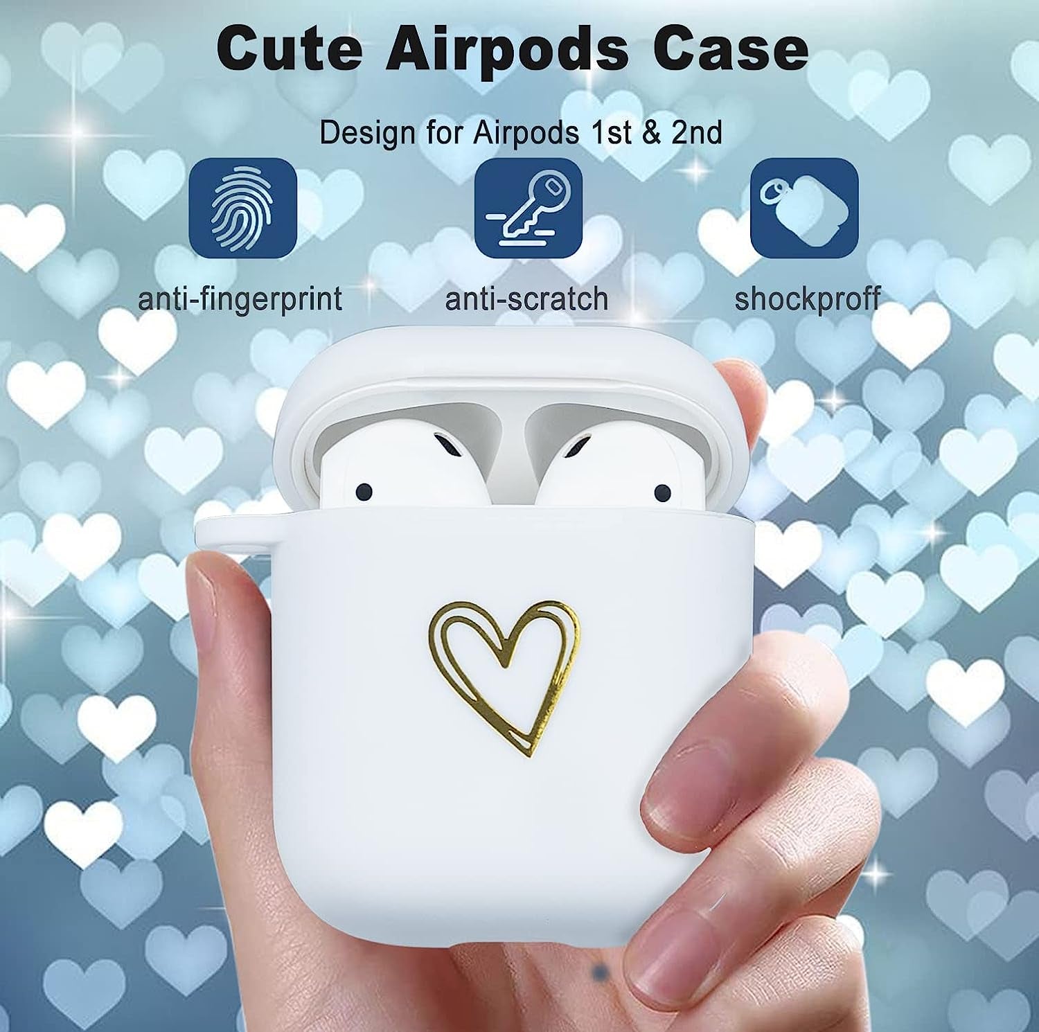 Wonjury Airpods Case Soft TPU Gold Heart Pattern Cute with Keychain Shockproof Cover Case for Girls Woman Apple Airpods 2 &1 - Black+White  Wonjury   