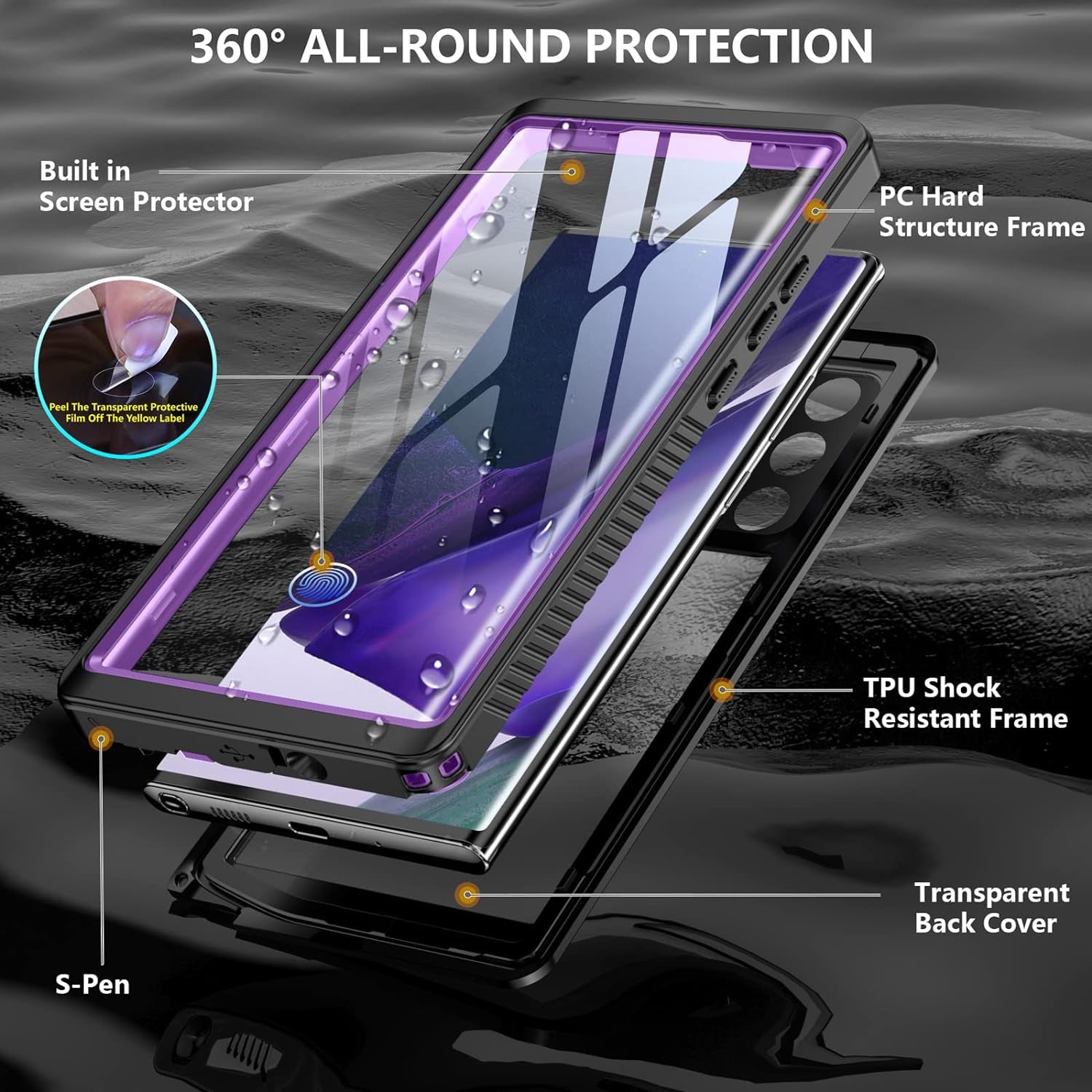Temdan for Samsung Galaxy Note 20 Ultra Case Waterproof, Built in Screen Protector 360° Full Body Heavy Duty Shockproof IP68 Waterproof Note 20 Ultra Case for Samsung Note 20 Ultra 5G 6.9"(Purple)  Temdan   