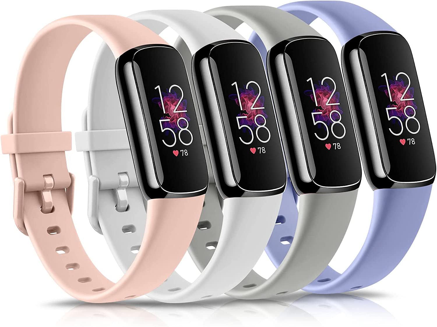 4 Pack Bands for Fitbit Luxe Bands, Soft Silicone Wristband Replacement Strap for Fitbit Luxe/Luxe Special Edition Fitness Tracker Women Men (Small, Black/Wine Red/Navy Blue/Grey)  Amzpas White/Pink/Gray/Violet Small 