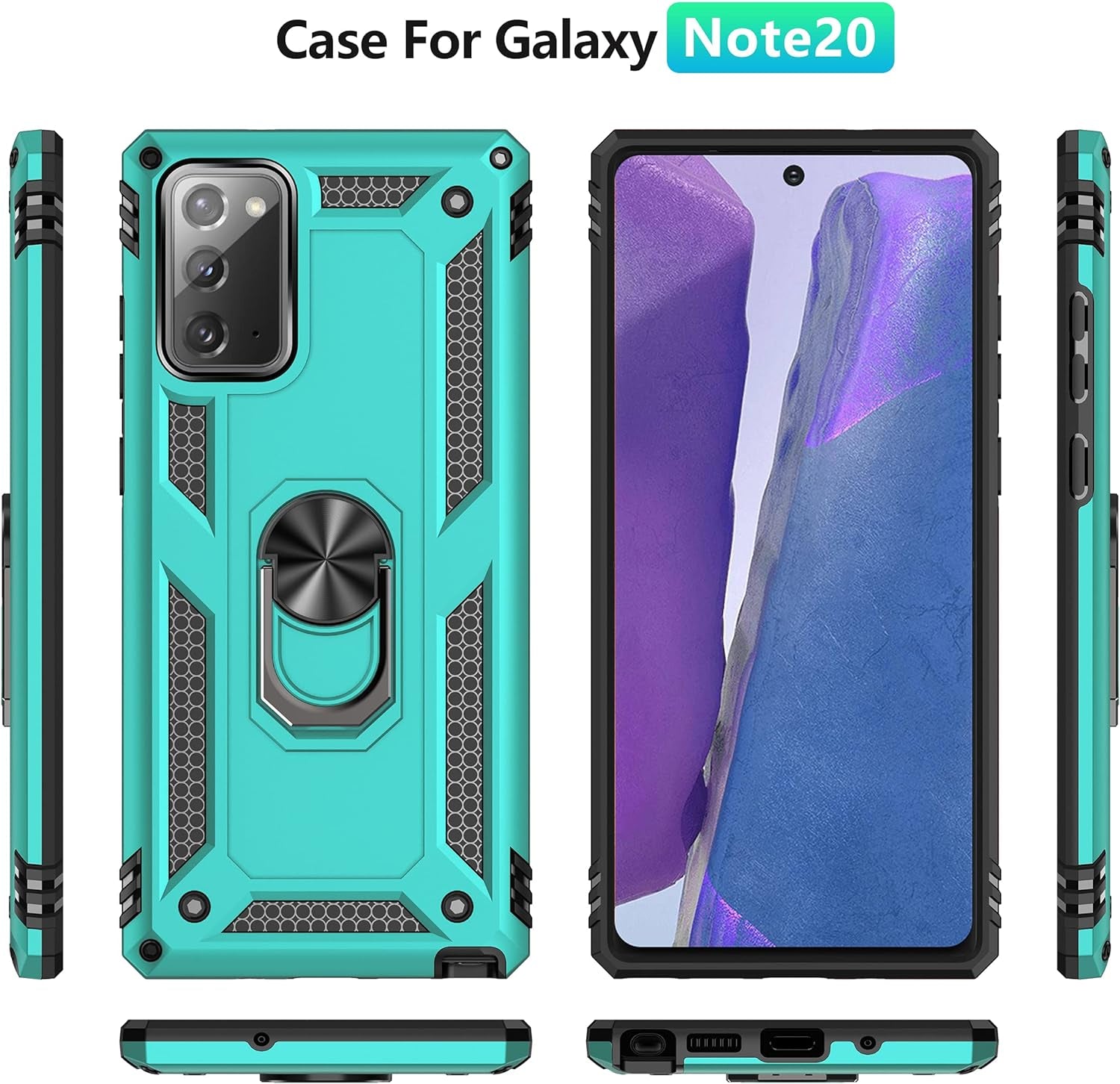 Samsung Galaxy Note 20 Case, Note20 5G Case with HD Screen Protectors, Androgate Military-Grade Metal Ring Holder Kickstand 15Ft Drop Tested Shockproof Cover Case for Samsung Galaxy Note 20 Teal  E&M Tek   