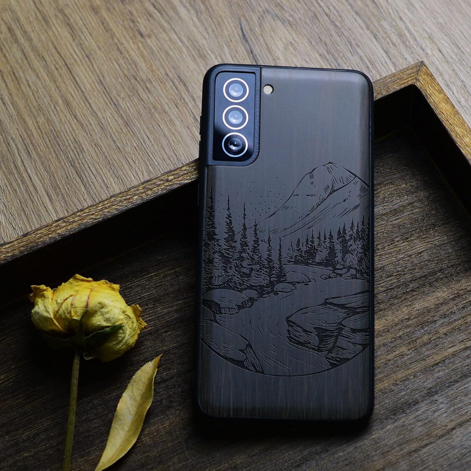 Carveit Wood Case for Galaxy S21 FE Case [Natural Wood & Black Soft TPU] Shockproof Protective Cover Unique Wooden Case Compatible with Samsung S21 FE 5G (Natural Landscape-Blackwood)  Carveit   