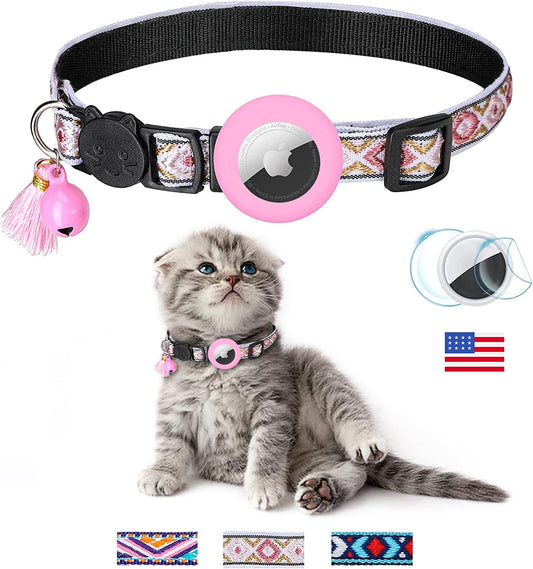 Tom & Spike- Airtag Cat Collar with Bell Adjustable Breakaway Kitten Collars:- Safety Buckle and Silicone Air Tag Holder Case Compatible with Apple Airtag Geometric Pattern Pet Collar,Pink  Tom&Spike   