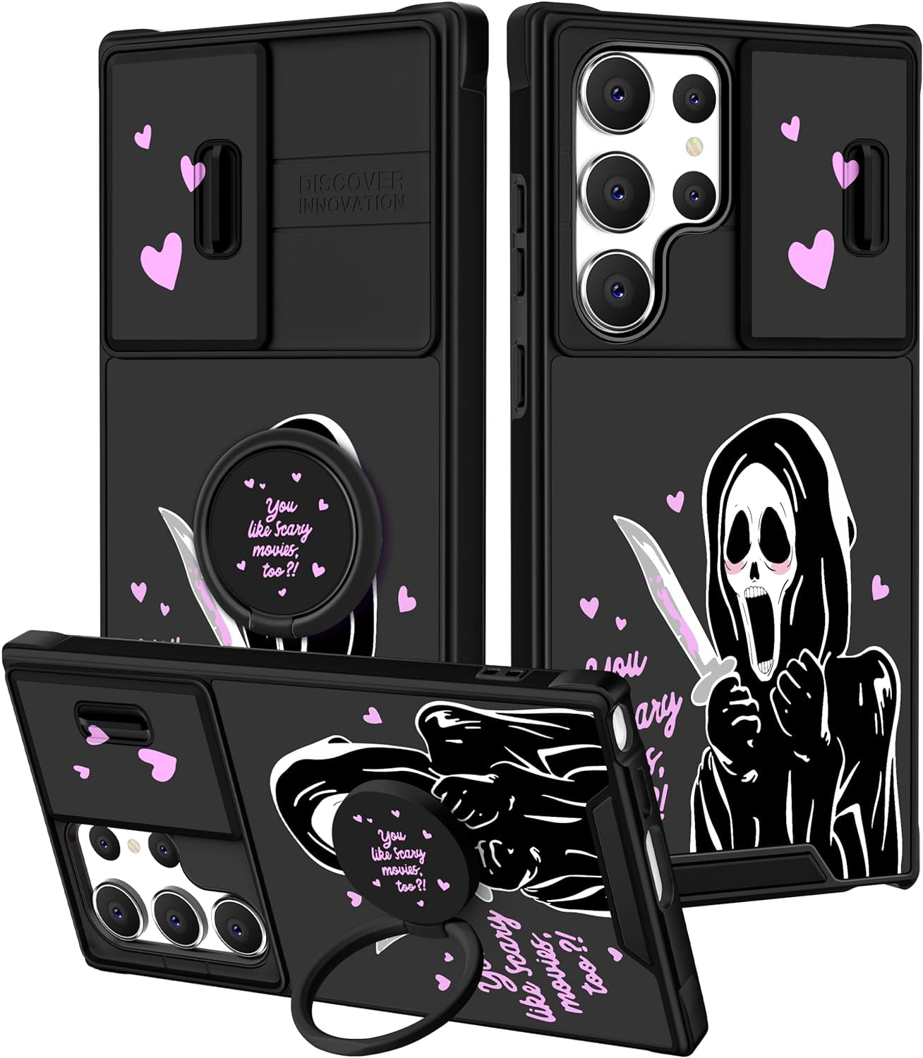 Oqpa for Samsung Galaxy S22 Ultra Case Cute Cartoon Case with Camera Cover+Ring Holder for Women Girly Girls Boys Kids Galaxy S22 Ultra Kawaii Funny Unique Case for Samsung S22 Ultra, Happy Miki  meitong2020 Heart Skull  