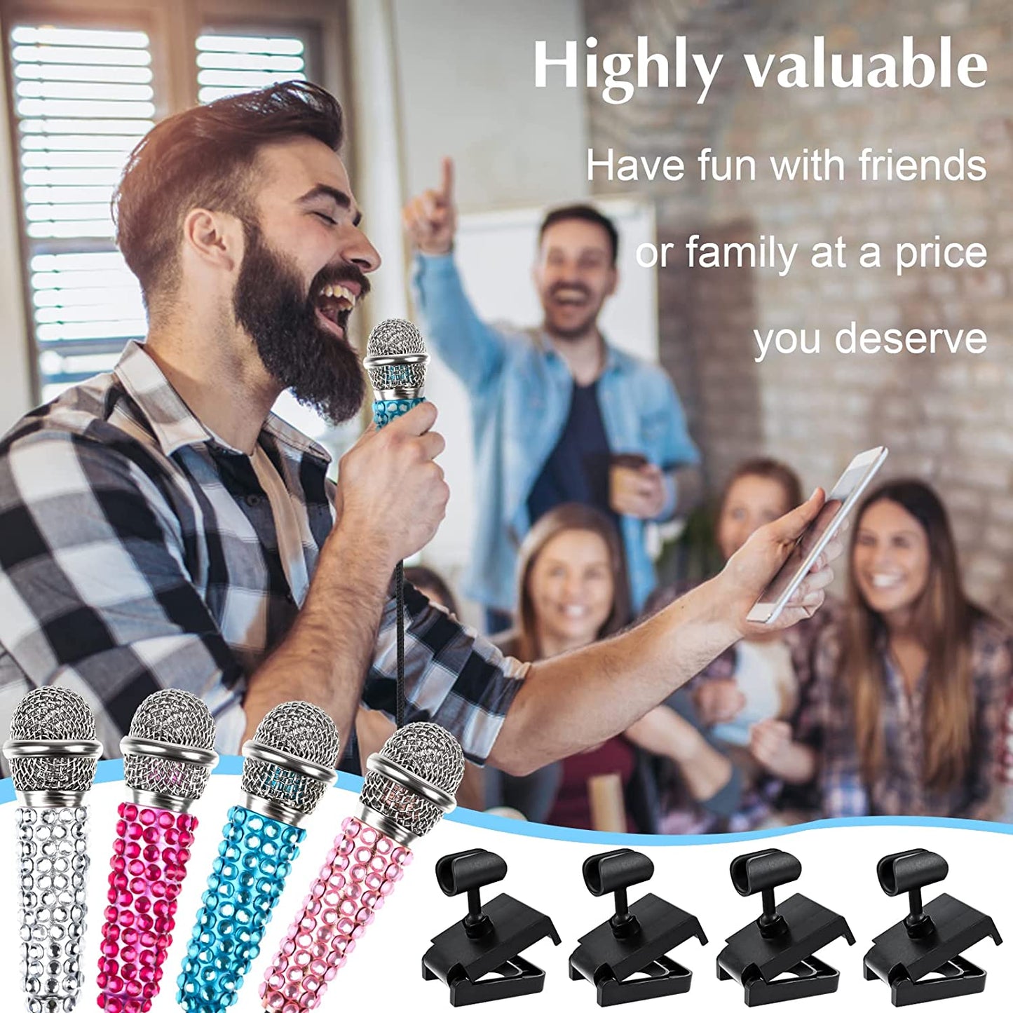4PCS Mini Microphone Portable Vocal Instrument Tiny Microphone Asmr Karaoke Microphone with Clip Stand | 4 PCS Rhinestone Stickers | 3.5Mm Audio Connector for Iphone Android Smart Phone Laptop  Yoiemivy   
