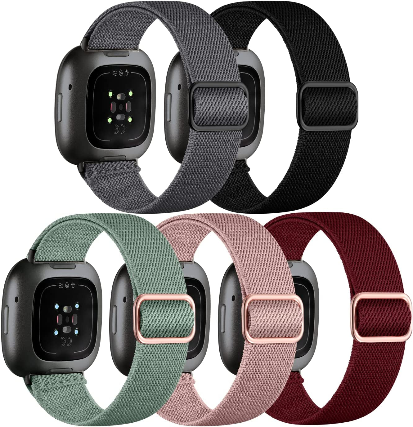 Adorve Compatible with Fitbit Versa 3 Bands/Fitbit Versa 4 Band/Fitbit Sense/Sense 2 Bands for Women Men, Adjustable Stretchy Solo Loop Elastic Nylon Sport Strap for Smartwatch Replacement  25-V3-BElastic-HeiBaiMgfenHuiYxz Black/Pink/Pine Green/Wine Red/Gray For Versa 3/Versa 4/Sense/Sense 2 