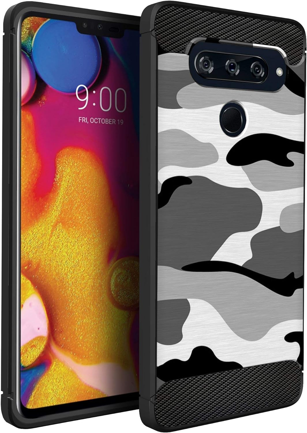 Casesondeck Fitted Case Compatible with [LG V40 Thinq] Carbon Fiber Accents Bump and Drop Protecting Flexible TPU (Blue Digital Camo)  CasesonDeck Grey Camo  