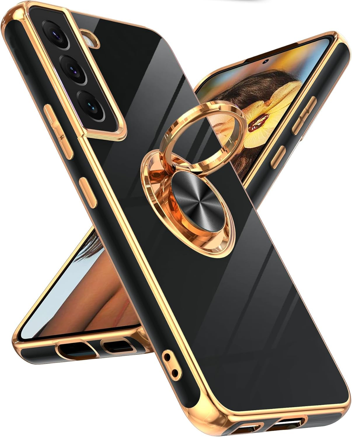 Leyi for Samsung Galaxy S22 plus Case 360° Rotatable Ring Holder Magnetic Kickstand, Plating Rose Gold Edge Protective Galaxy S22 Plus/ S22+ Case, Black  LeYi Black Samsung Galaxy S22 