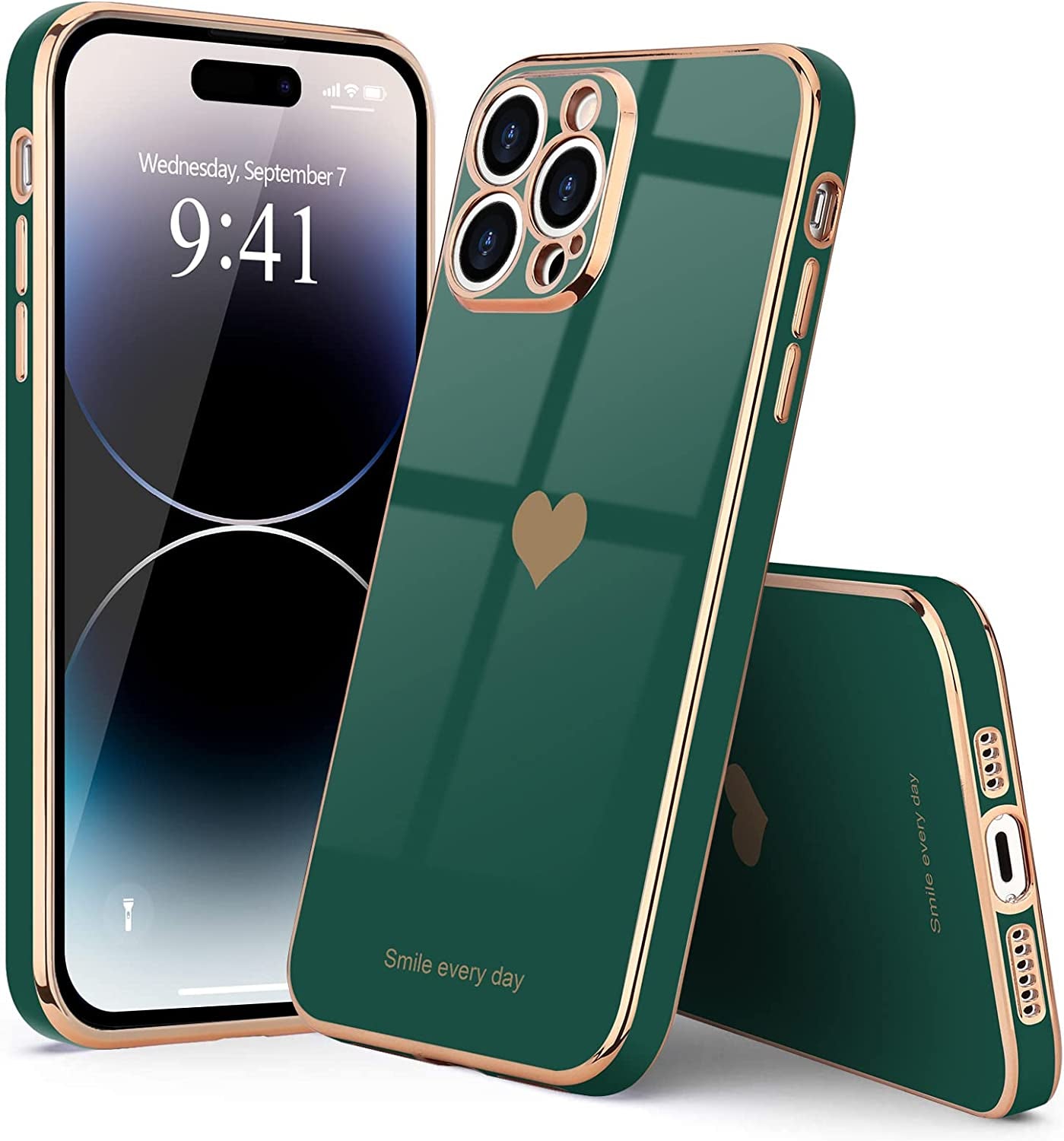 Teageo Iphone 14 Pro Case - Luxury Love Heart Design, Bling Back Cover, Camera Protection, Shockproof, Blackish Green  janzee   