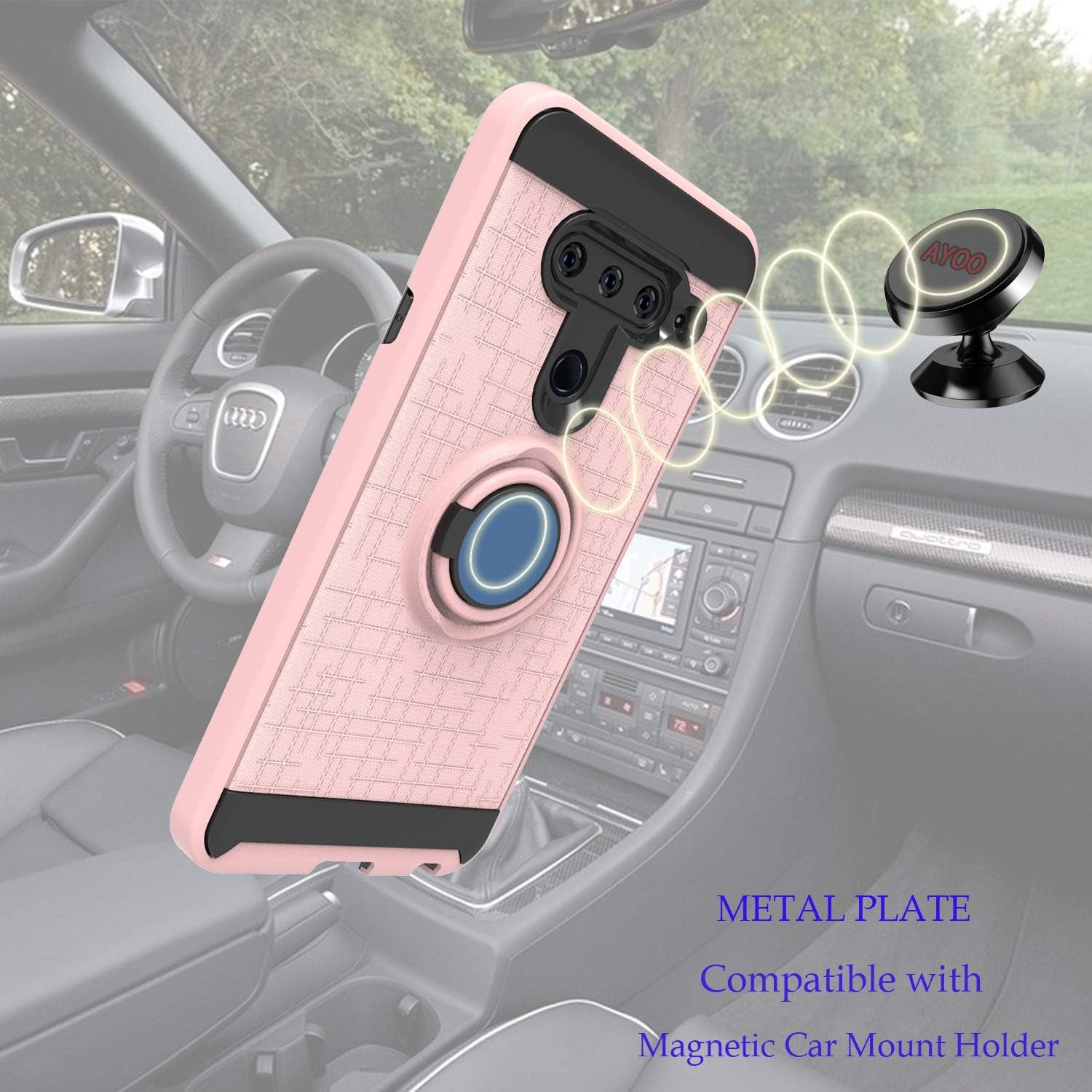 Ayoo Compatible with LG V40 Case,Lg V40 Thinq Case, LG V40 Phone Cases,360 Degree Rotating Ring Stand Fishnet Full Bodystocking Dual Layer Shock-Absorption for LG V40-ZK Rose Gold  Ayoo   