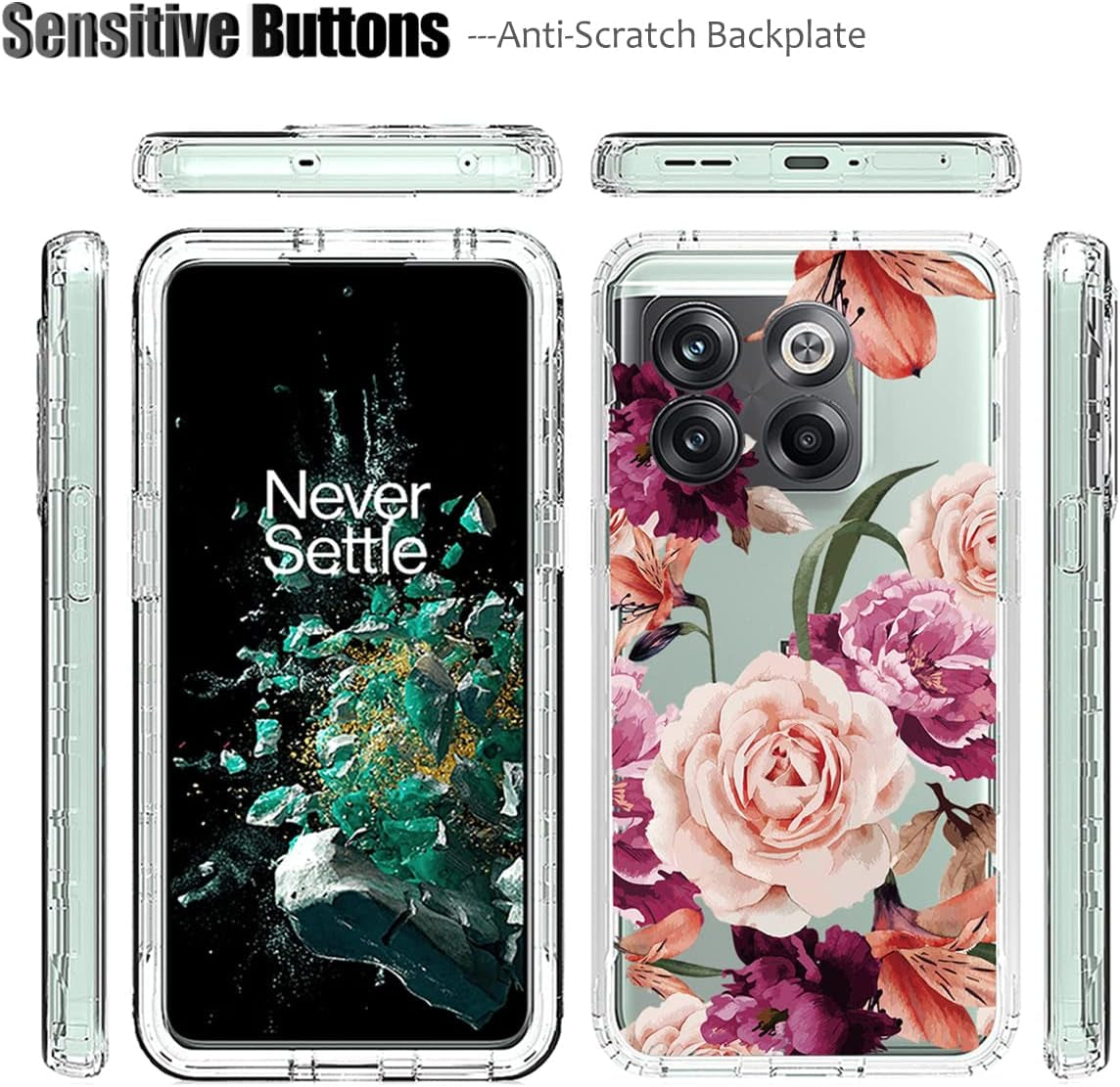Ueokeird Case for Oneplus 10T 5G/Oneplus Ace Pro Case, CPH2415 Case with Tempered-Glass Screen Protector, Clear Floral Pattern Full Body Protective Phone Cover Cases for Oneplus 10T 5G (Purple Flower)  Ueokeird   