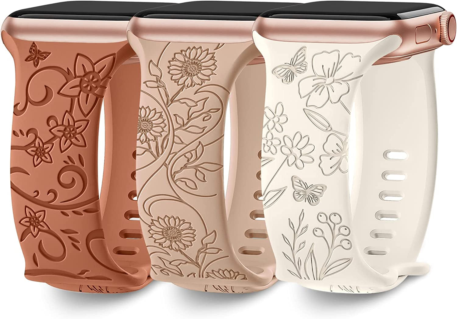 3 Pack Floral Engraved Bands Compatible with Apple Watch Band 40Mm 41Mm 38Mm 42Mm 44Mm 45Mm 49Mm Women,Soft Silicone Cute Wildflowers Sport Laser Strap for Iwatch Bands Series Ultra SE 8 6 5 4 3 2 1  AMSKY   