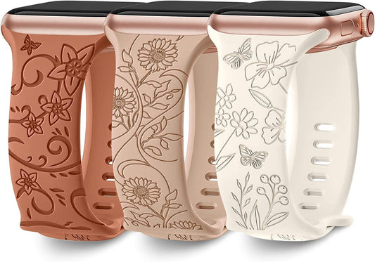 3 Pack Floral Engraved Bands Compatible with Apple Watch Band 40Mm 41Mm 38Mm 42Mm 44Mm 45Mm 49Mm Women,Soft Silicone Cute Wildflowers Sport Laser Strap for Iwatch Bands Series Ultra SE 8 6 5 4 3 2 1  AMSKY   