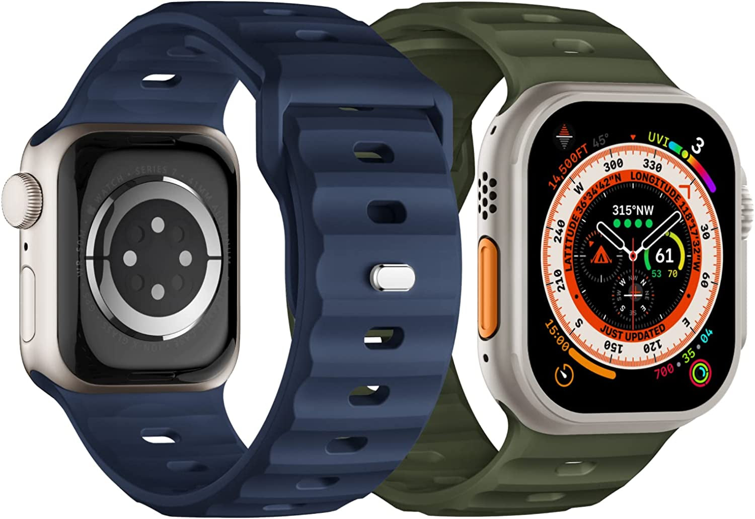 Sport Bands Compatible with Apple Watch Ultra Band 49Mm 45Mm 44Mm 42Mm for Men, Soft Silicone Wristbands Waterproof Replacement Strap for Iwatch Series 8 7 6 5 SE Ultra, 2 Packs  Suitisbest Army Green/Navy Blue 49mm/45mm/44mm/42mm Large 