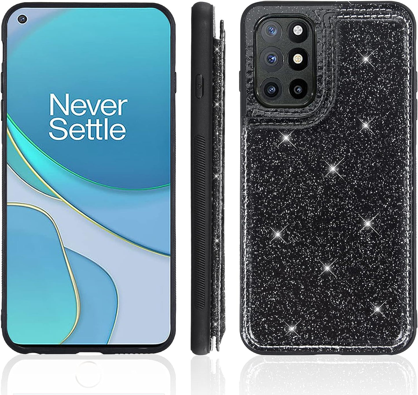 Asuwish Phone Case for Oneplus 8T Oneplus8T plus 9R 5G Wallet Cover with Screen Protector and Card Holder Bling Glitter Cell One Plus8T5G on + 1 plus 8Tplus 1Plus 8T+ One+ T8 1+ 1+8T Pro G5 Black  Asuwish   