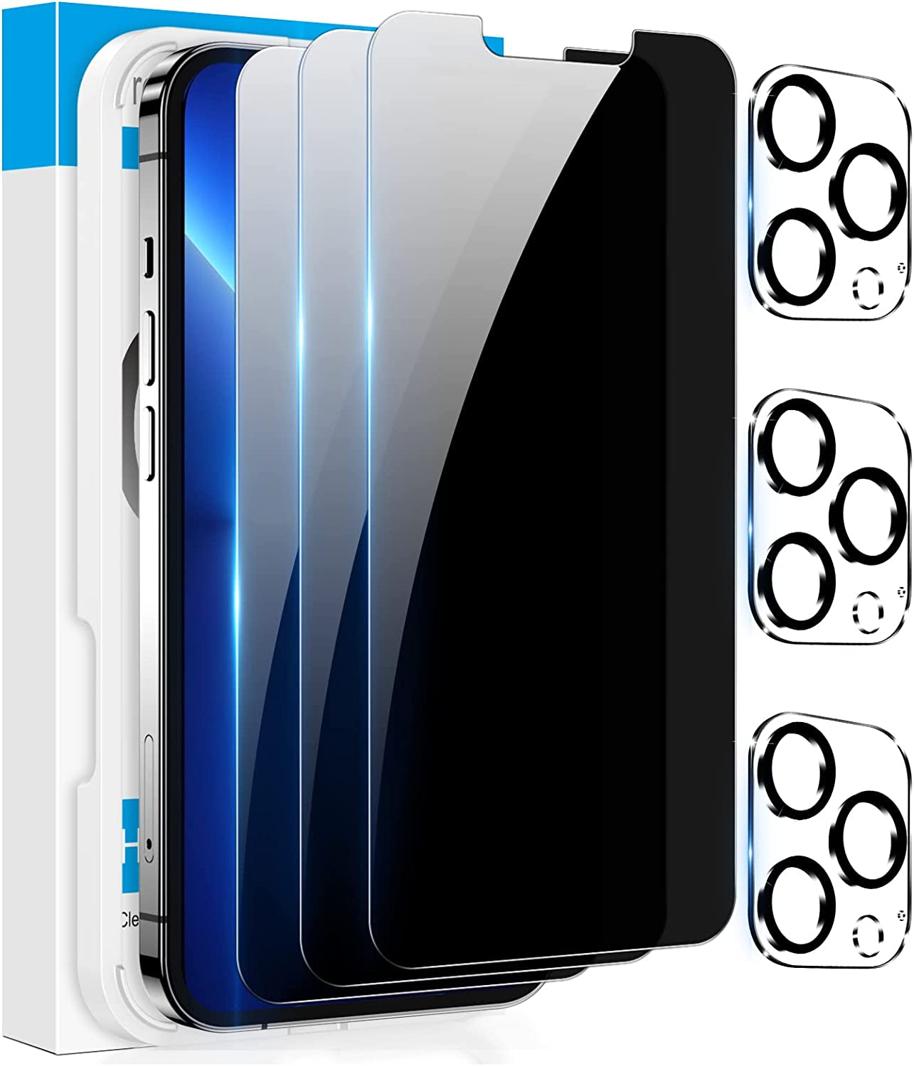 Fotbor [3+3 Pack] Iphone 13 Pro Max Privacy Screen Protector with Camera Lens Protector, anti Spy Private Full Coverage Bubble Free 9H Hardness Tempered Glass Film 6.7 Inch with Easy Installation Kit (Black)  Fotbor   