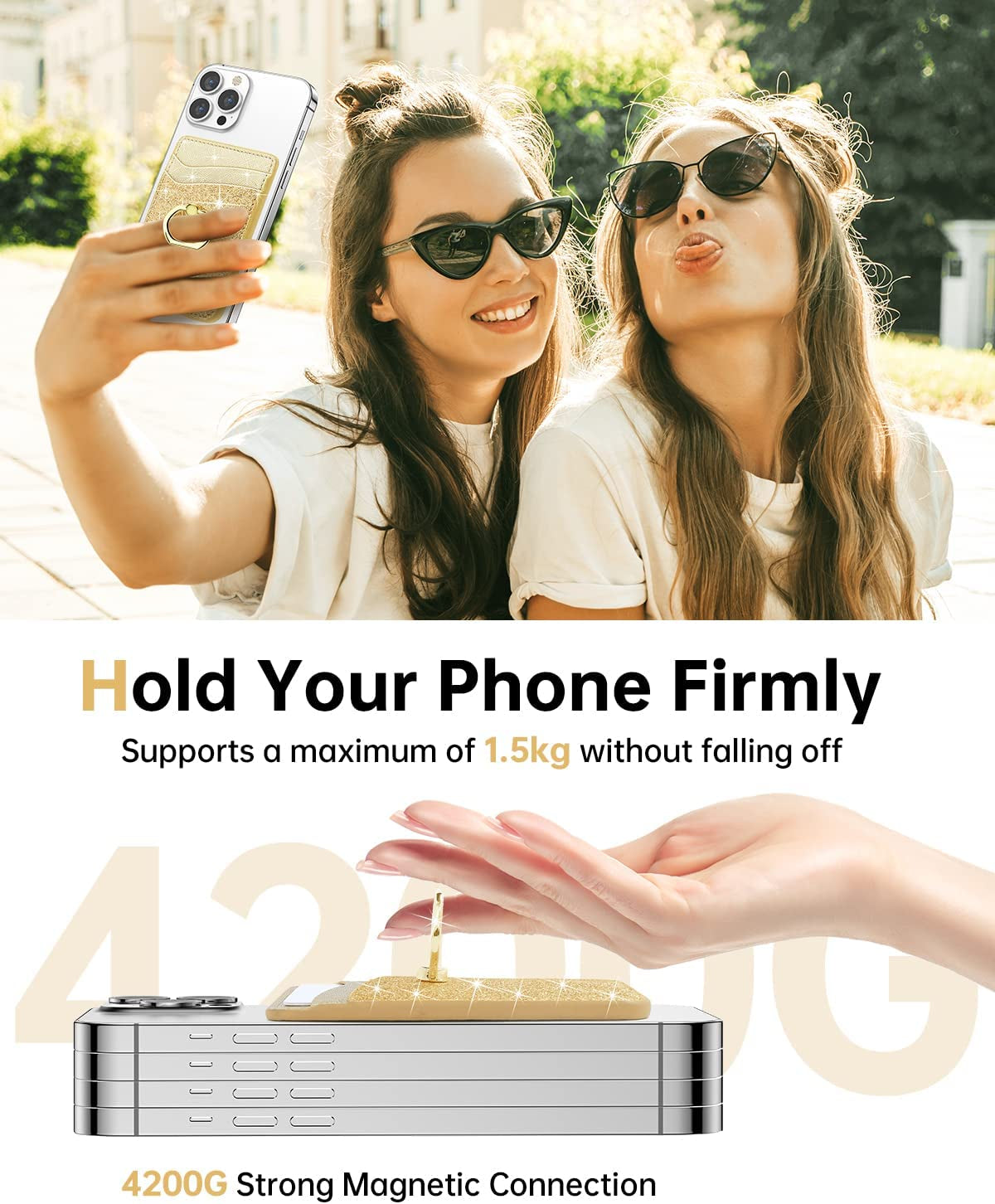 Gospire Magnetic Phone Wallet, Leather Cell Phone Card Holder, Magsafe Wallet with Ring & [Credit Card RFID Blocking] 360°Rotation Phone Stand Compatible with All Smartphones with 2 Metal Rings, Gold  Gospire   