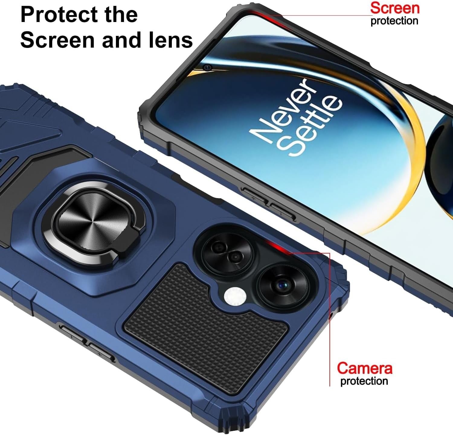 TJS Compatible for Oneplus Nord N30 5G Case, with Tempered Glass Screen Protector, Metal Ring Magnetic Support Kickstand Heavy Duty Drop Protection Cover Phone Case (Blue)  TJS   