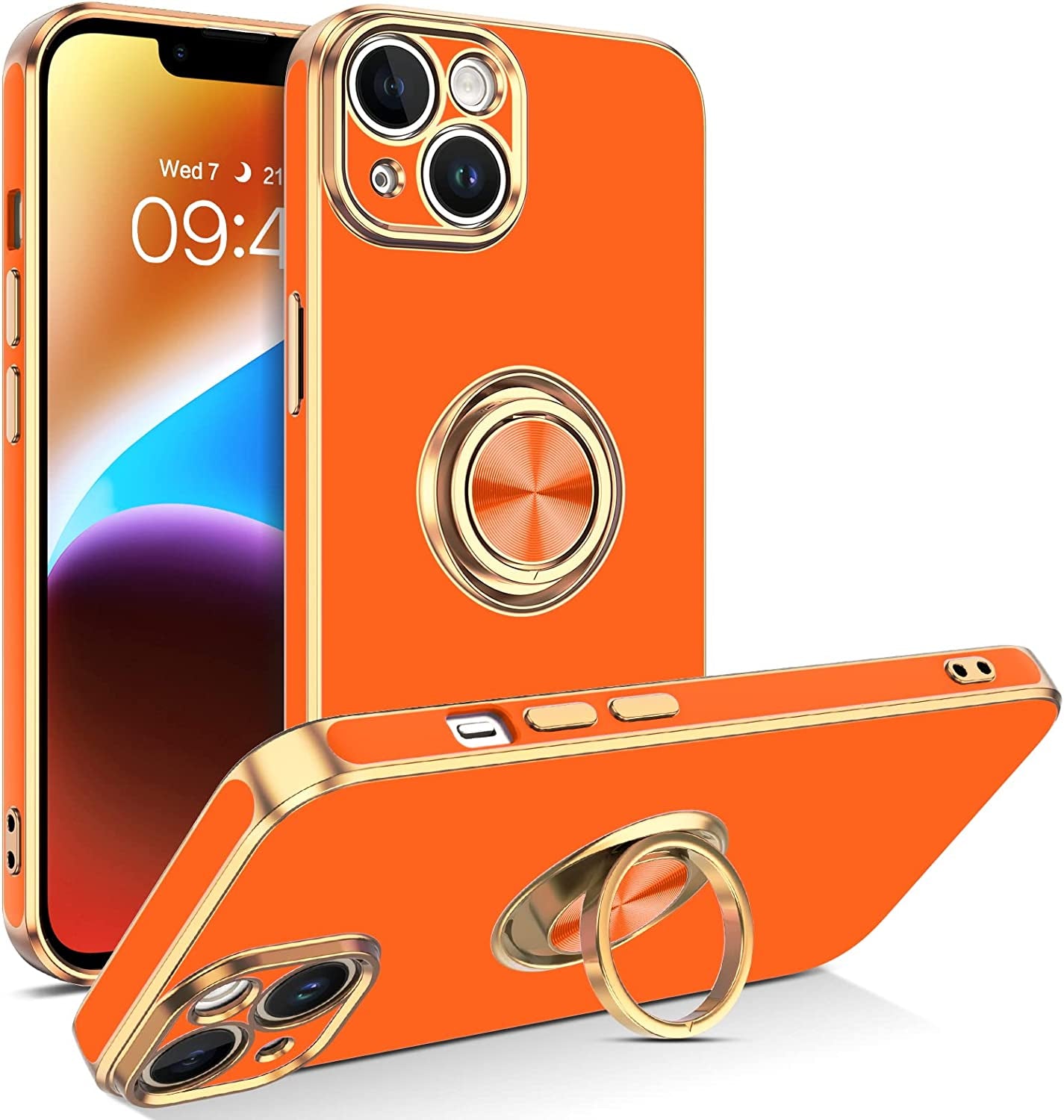 VENINGO Iphone 14 Case,Phone Cases for Iphone 14,Slim Fit Soft 360° Ring Holder Kickstand Magnetic Car Mount Supported Easy Clean Shockproof Protective Cover for Apple Iphone 14 6.1", Blue Grey/Golden  VENINGO RN266-Orange  