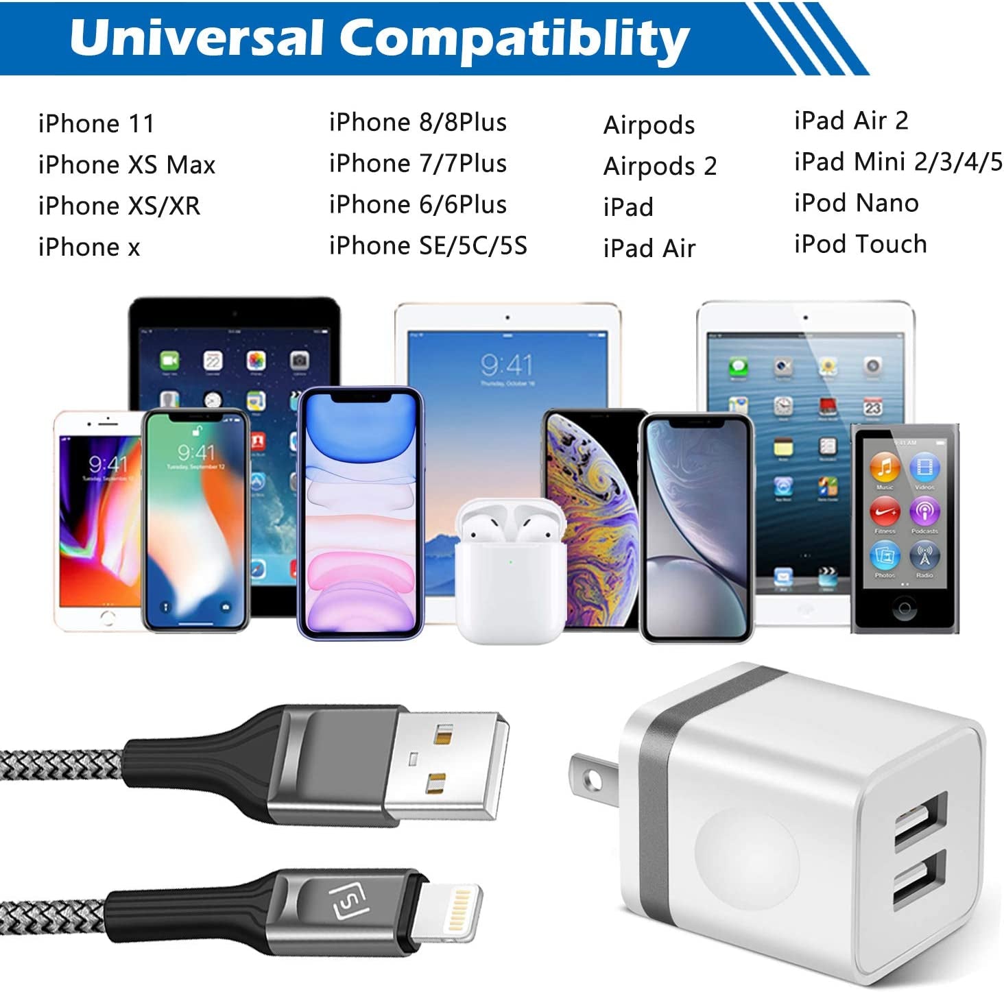 WHIRELEAST Iphone Charger Cable 10 FT with Wall Plug, Braided Long Iphone Charging Cord + Dual USB Wall Charger Block Adapter Compatible with Iphone 12/11/11 Pro Max/Xs/Xr/X/8/7/6 Plus, Ipad (4-Pack)  WHIRELEAST   