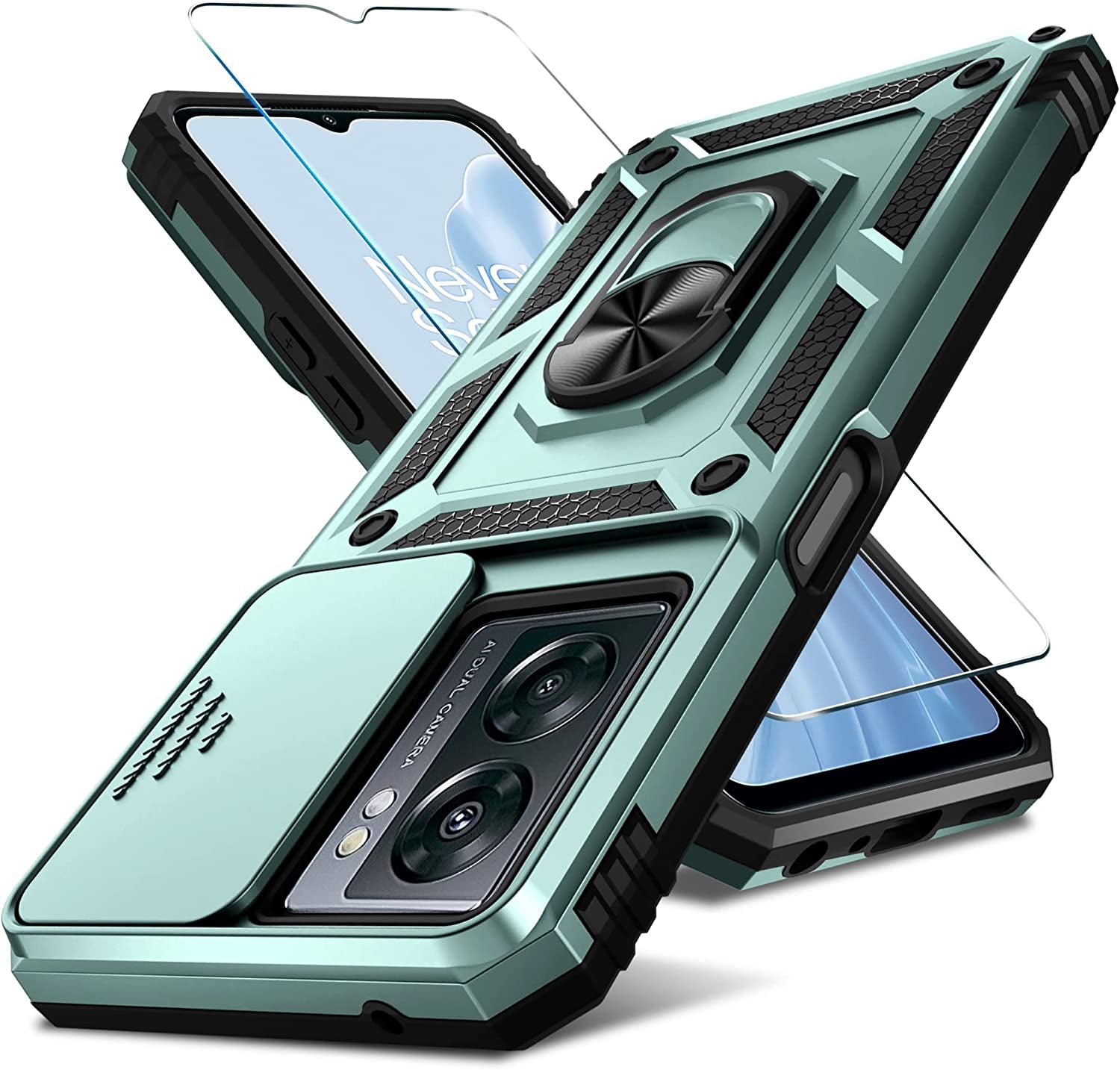 Janmitta Oneplus Nord N300 5G Case Built in Slide Camera Lens Cover and Screen Protector,Heavy Duty Shockproof Full Body Protective Phone Cover,Built in Finger Ring Stable Holder Kickstand,2022 Gold  Janmitta Dark Green  