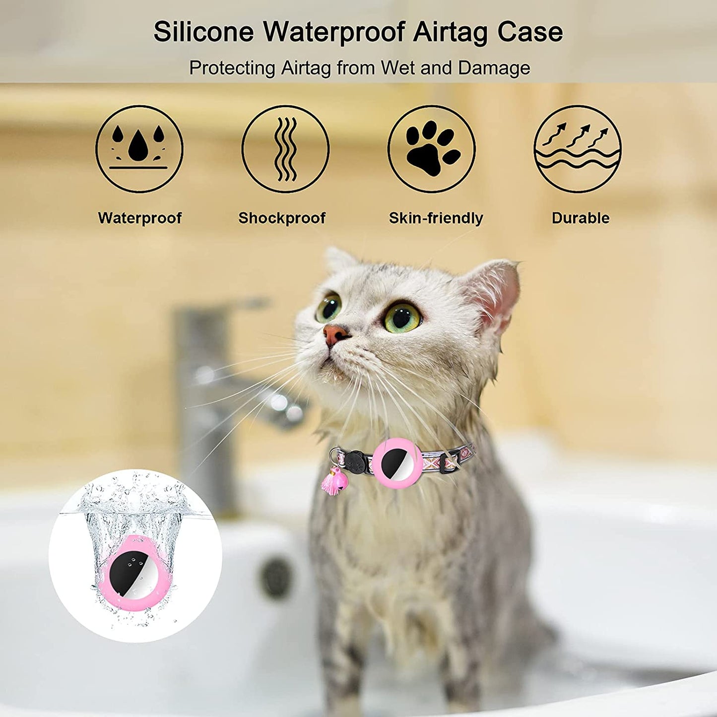 Airtag Cat Collar with Bell Adjustable Breakaway Kitten Collars:- Safety Buckle and Silicone Air Tag Holder Case Compatible with Apple Airtag Geometric Pattern Pet Collar (Pink)  OEBEESA   