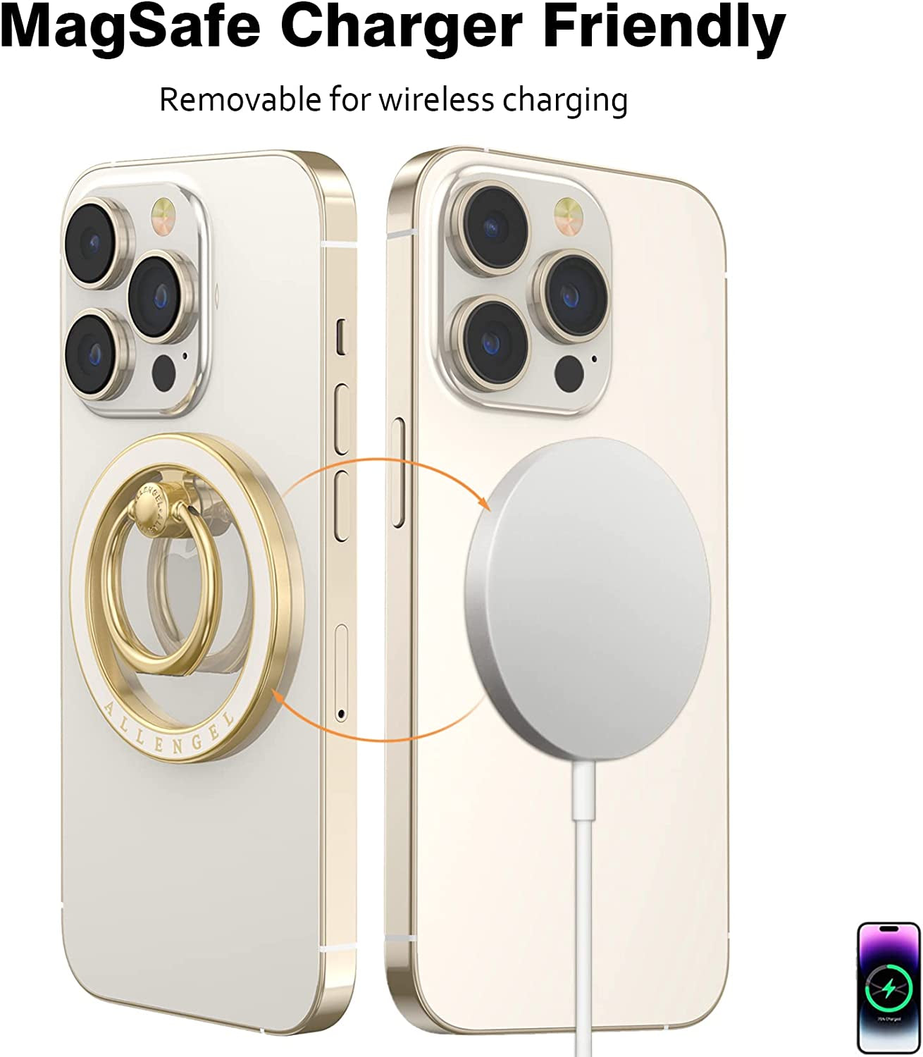 Compatible with Magsafe Phone Grip Stand, Allengel Magnetic Phone Ring Holder with Finger Kickstand for Smartphone, Luxury Gold White  Allengel   