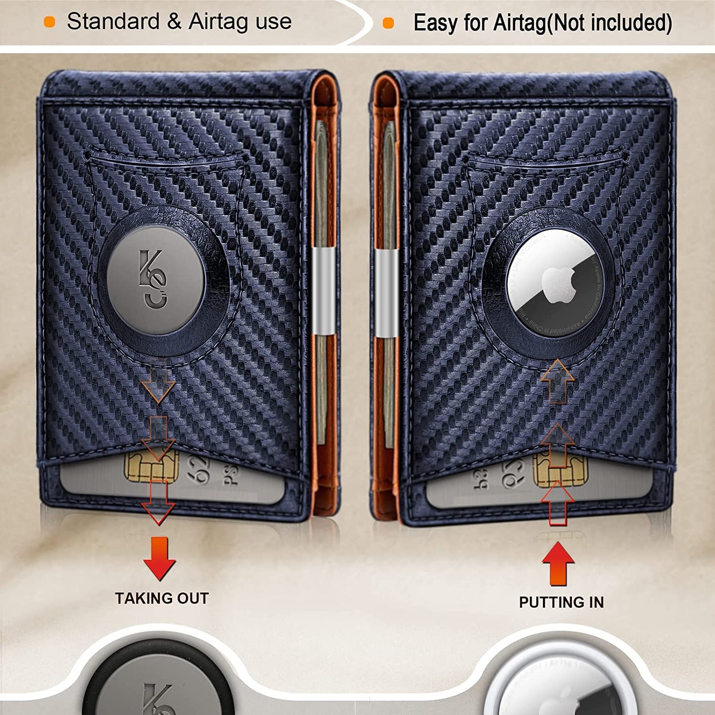 KS Mens Wallet for Airtag or Standard Use, Slim Front Pocket Wallet Money Clip 11 Cards RFID Blocking,No Hole  KS   