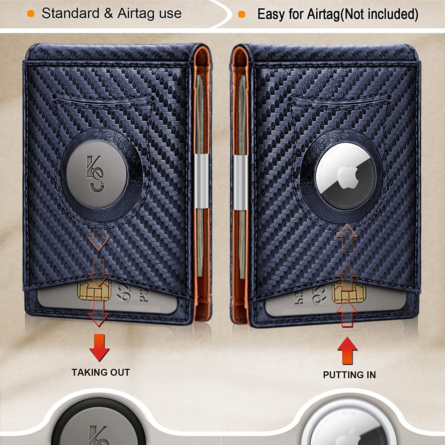 KS Mens Wallet for Airtag or Standard Use, Slim Front Pocket Wallet Money Clip 11 Cards RFID Blocking,No Hole  KS   