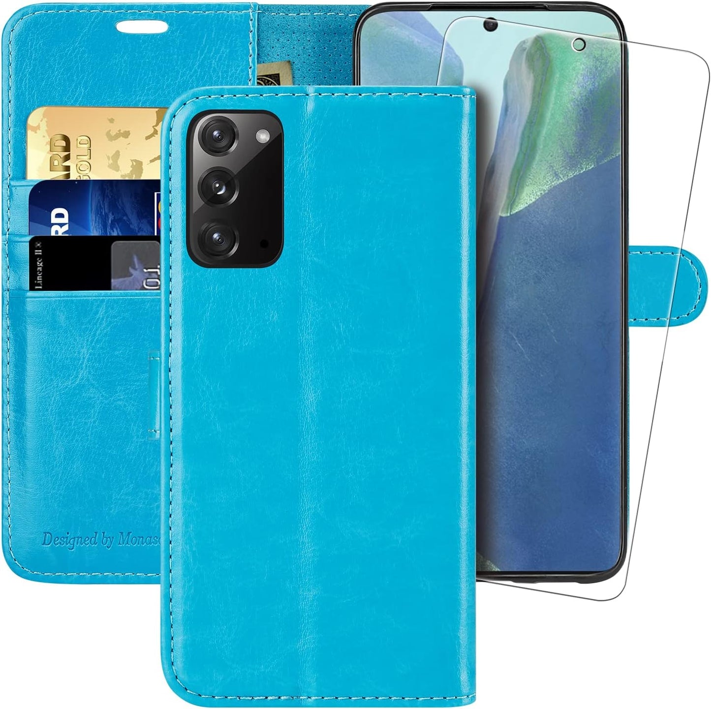 MONASAY Galaxy Note 20 5G Wallet Case, 6.7 Inch, [Included Screen Protector][Rfid Blocking] Flip Folio Leather Cell Phone Cover with Credit Card Holder for Samsung Galaxy Note 20 5G, Black  MONASAY Light Blue  