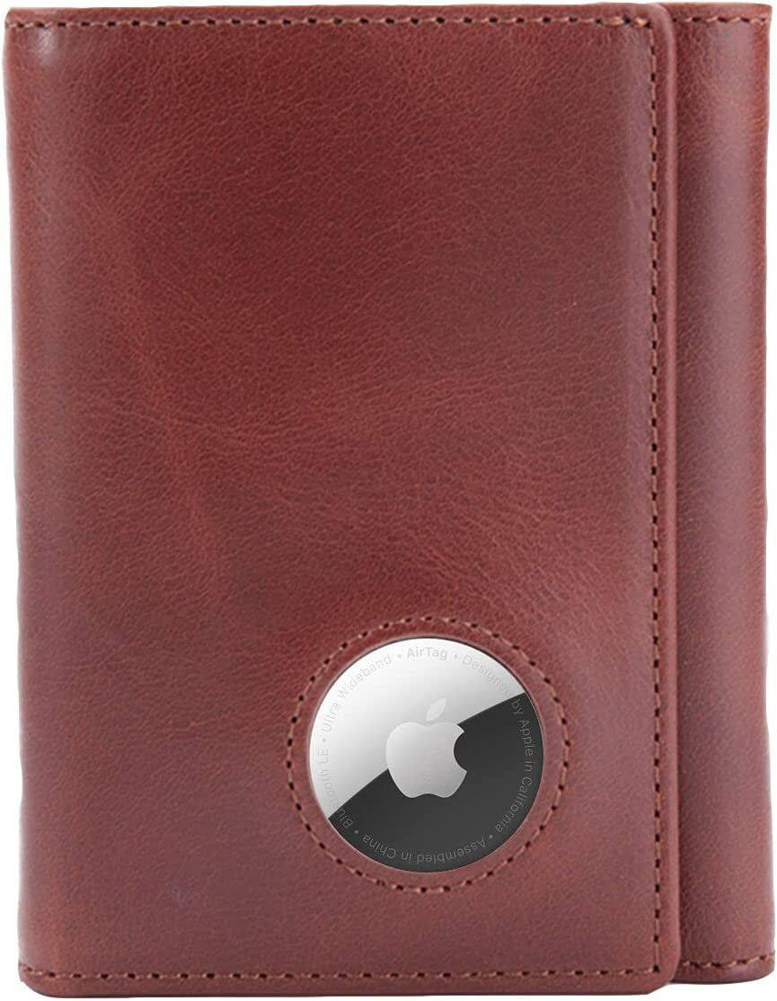 HLHGR Airtag Wallet Men Genuine Leather Cash Credit Card Bifold Wallet RFID Blocking with Airtag Case Holder Front Pocket for Apple Air Tag（ Airtag Not Inside） (Leather, Black)  HLHGR Trifold brown  
